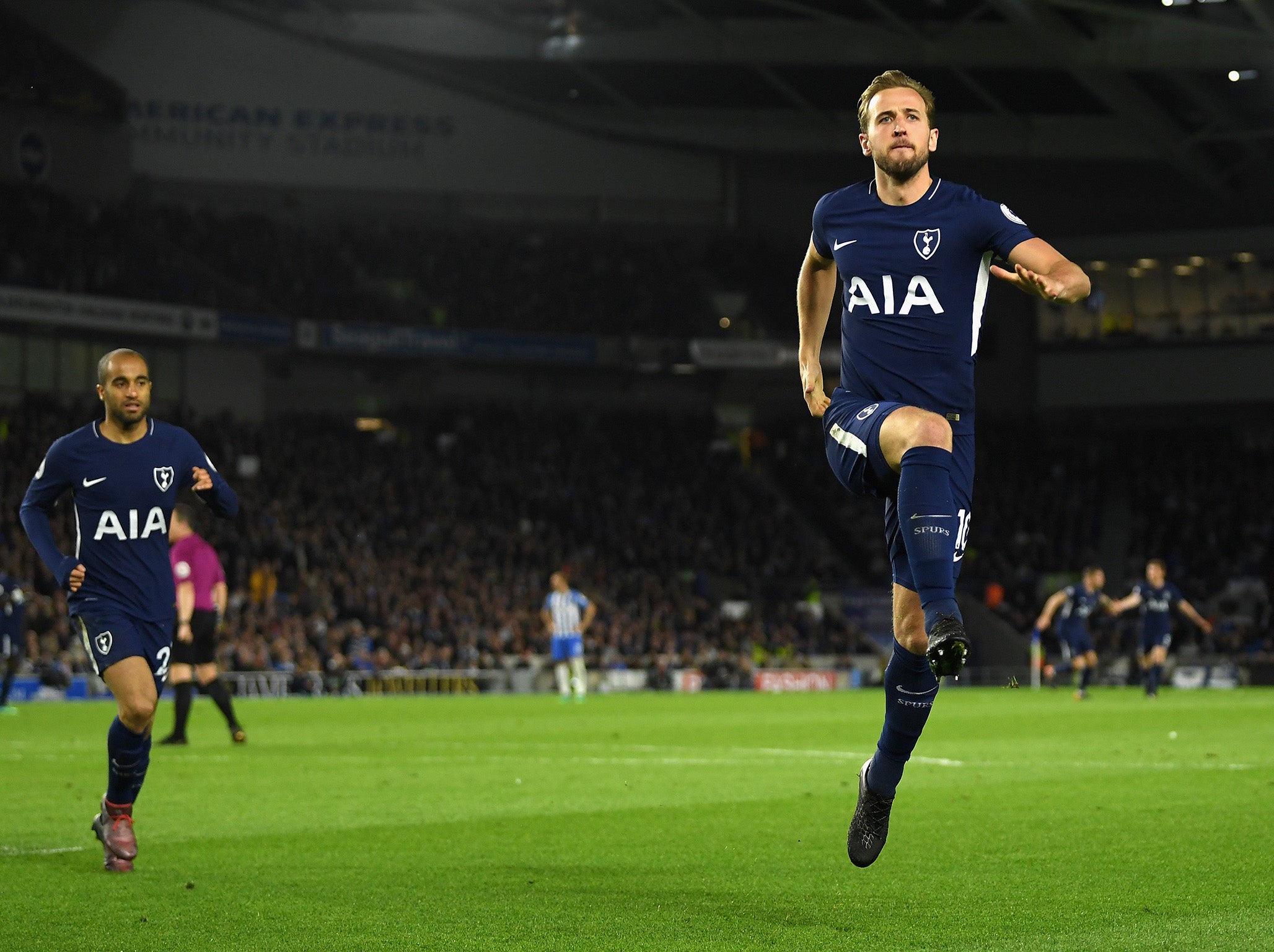 Harry Kane celebrates after firing Spurs in front