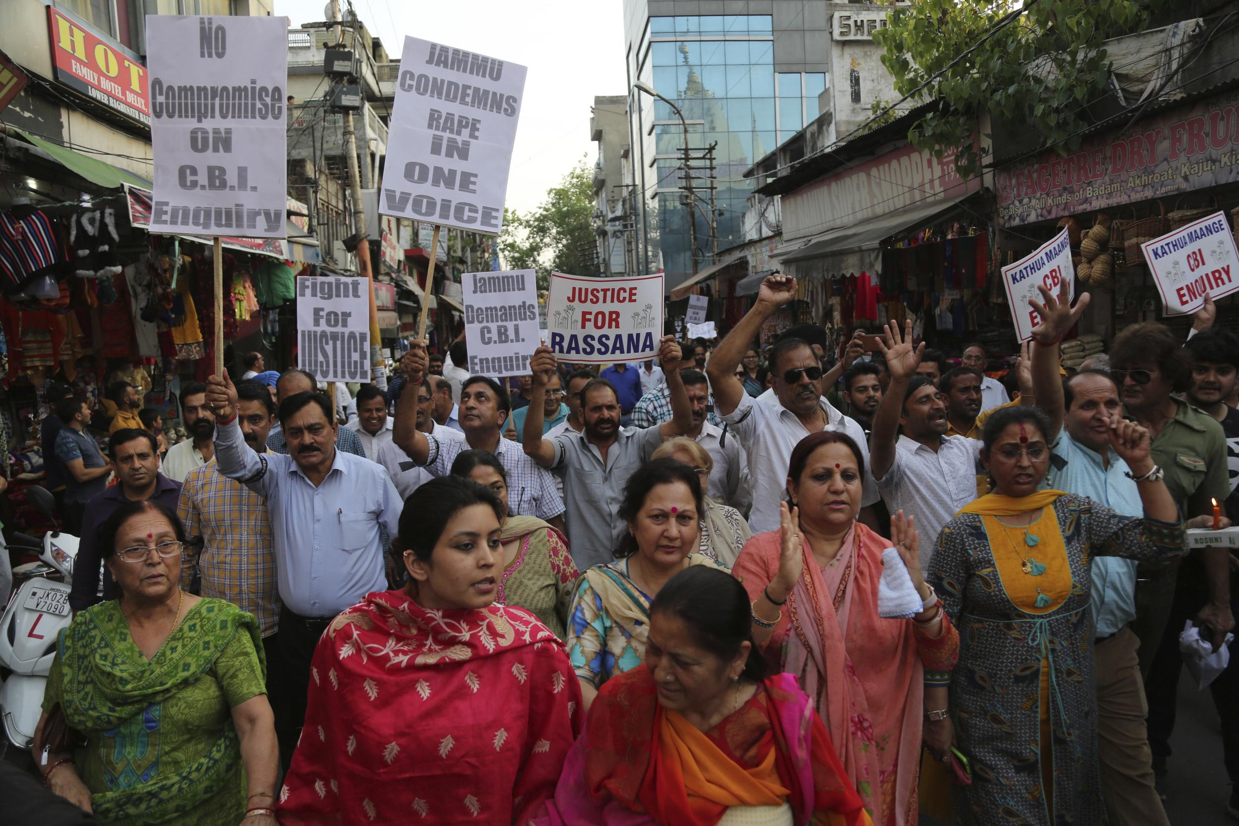 Indians protesting after the rape and murder of eight-year-old Asifa Bano