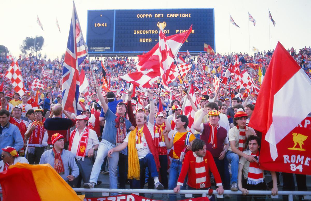 Liverpool fans in the stands at the Stadio Olimpico, Rome before the 1984 European Cup Final against Roma.