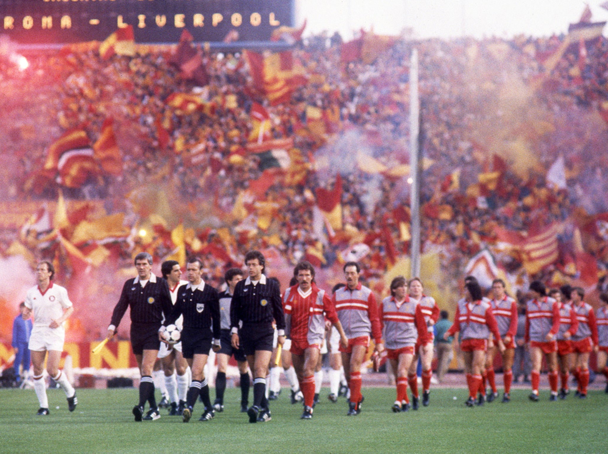 Souness leads his side out, followed by Grobbelaar