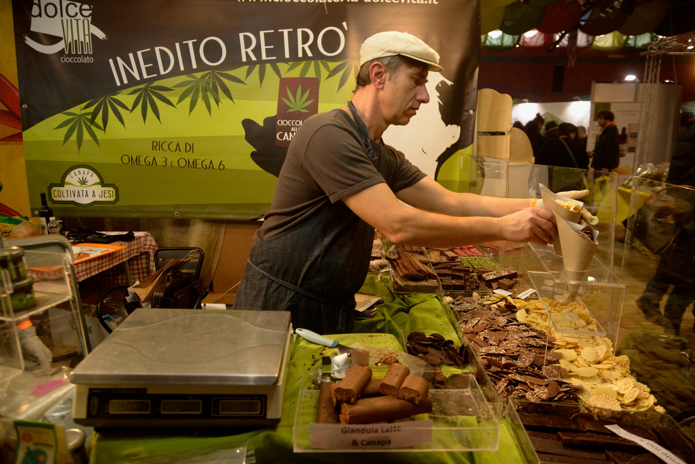 Cannabis chocolate displayed during the Canapa Mundi cannabis fair in Rome