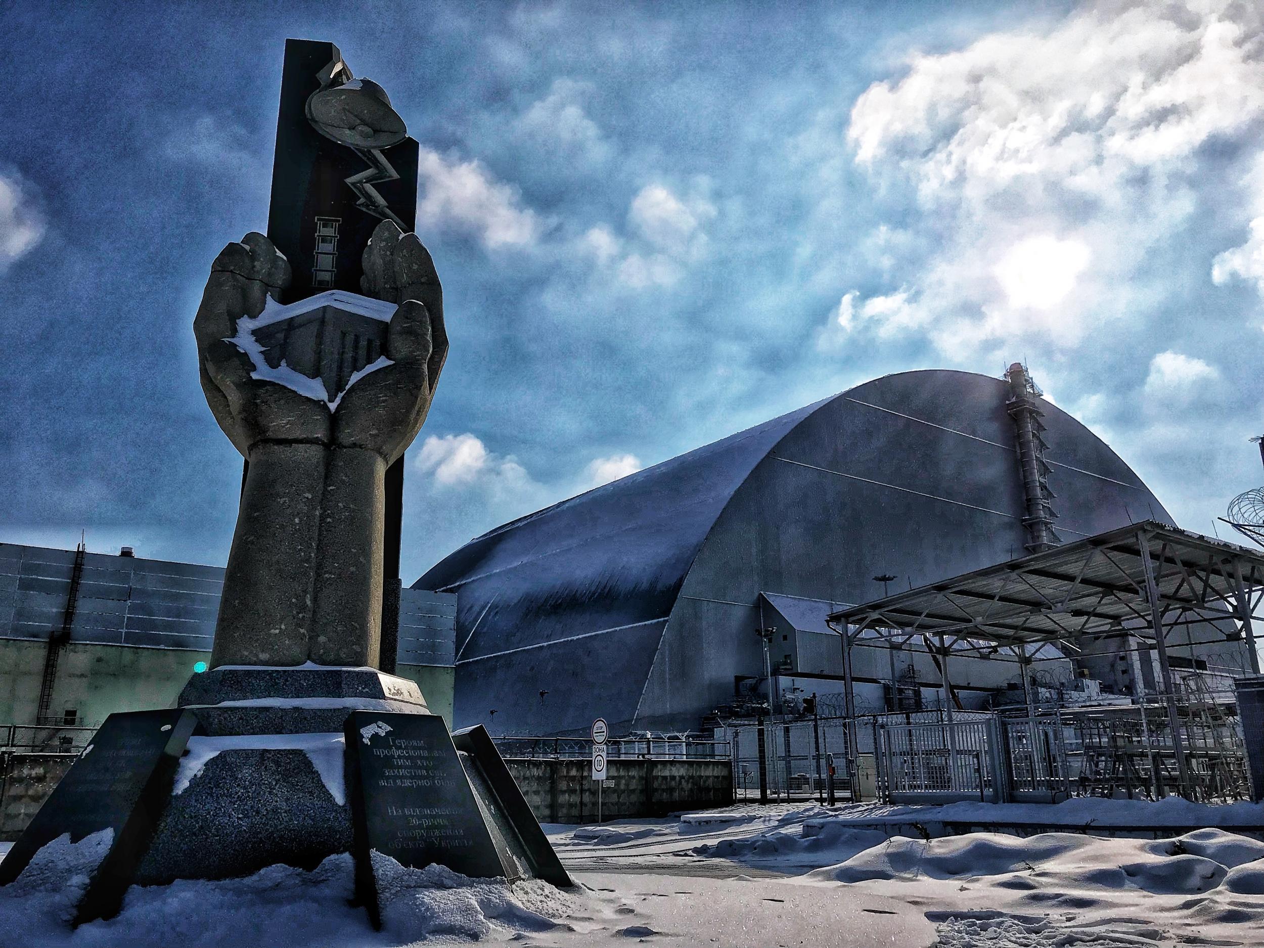 A memorial outside reactor number four to those who lost their lives in the disaster