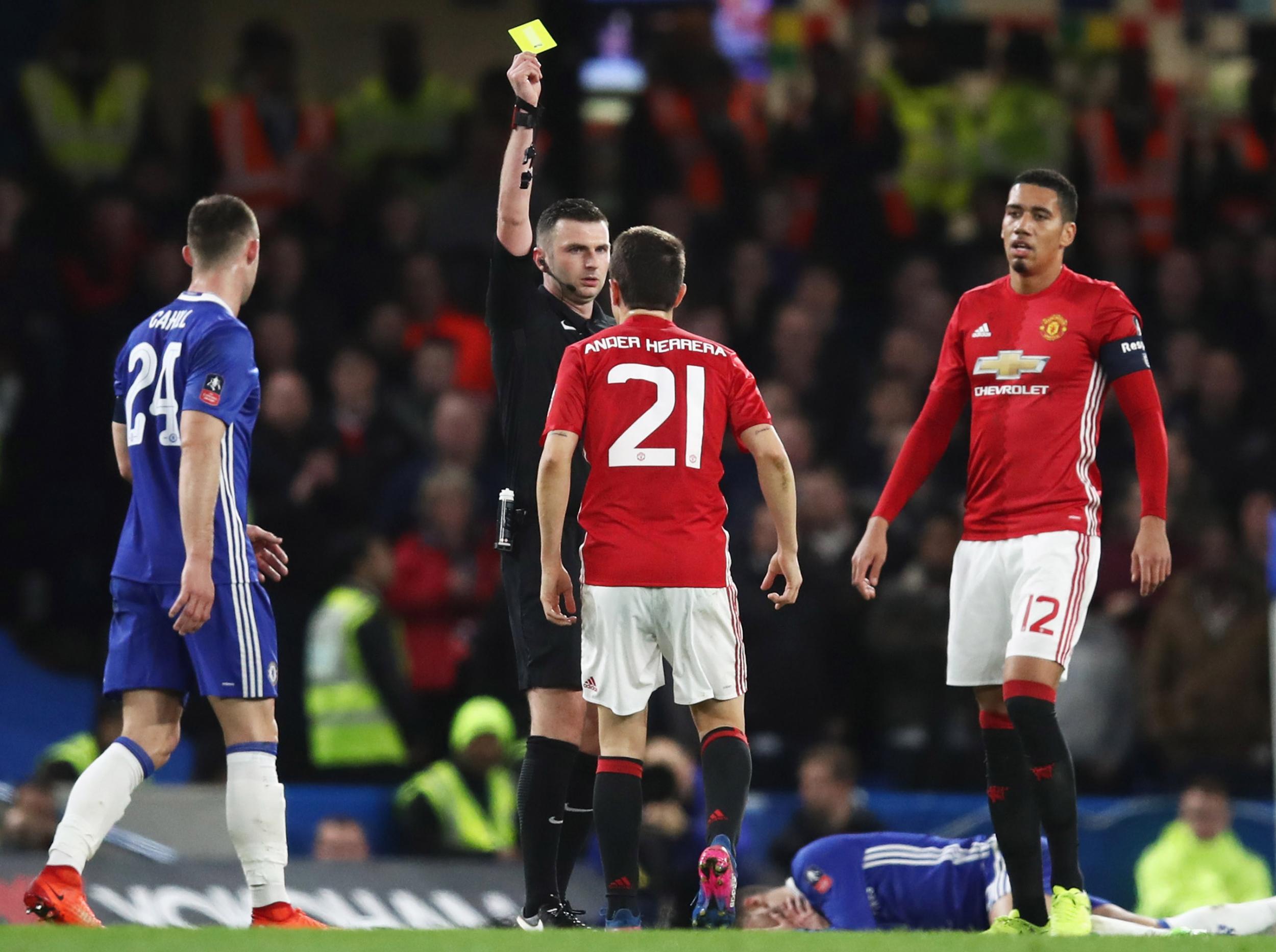 Michael Oliver sent off Ander Herrera against Chelsea last season