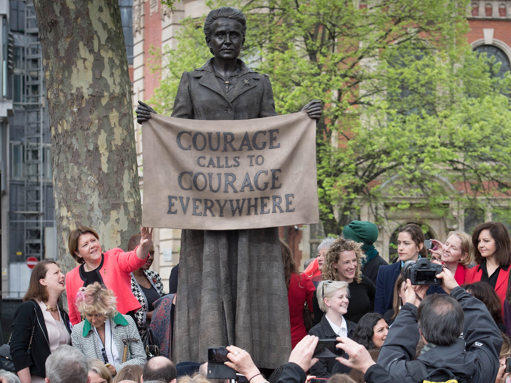 The unveiling of the statue of suffragist leader Millicent Fawcett, in Parliament Square