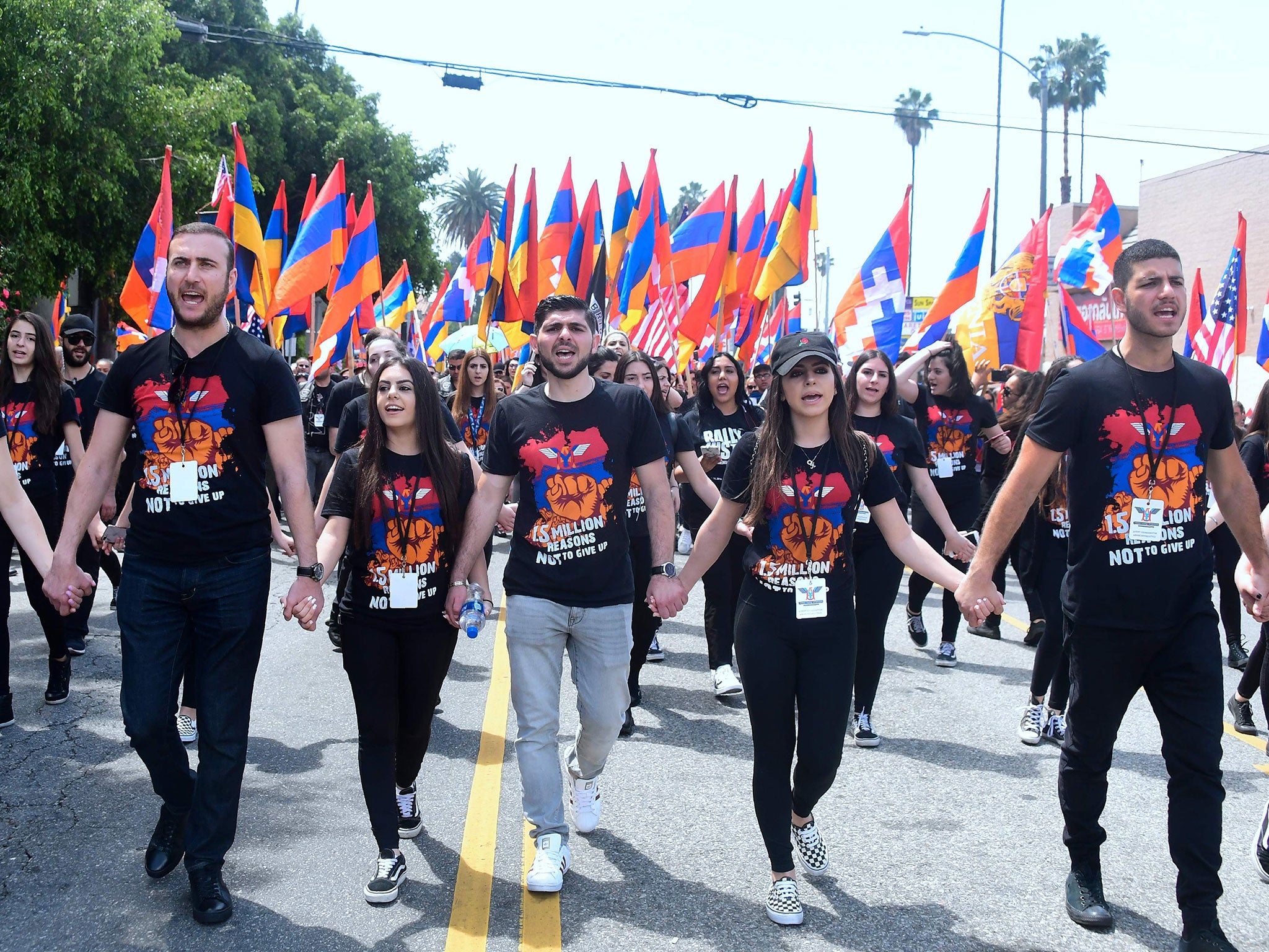 Armenian-Americans march in protest through the Little Armenia neighborhood of Hollywood, California, demanding recognition by Turkey on the 103rd anniversary of the 1915 Armenian genocide, which Turkey insists did not happen (FREDERIC J BROWN/AFP/Getty Images)