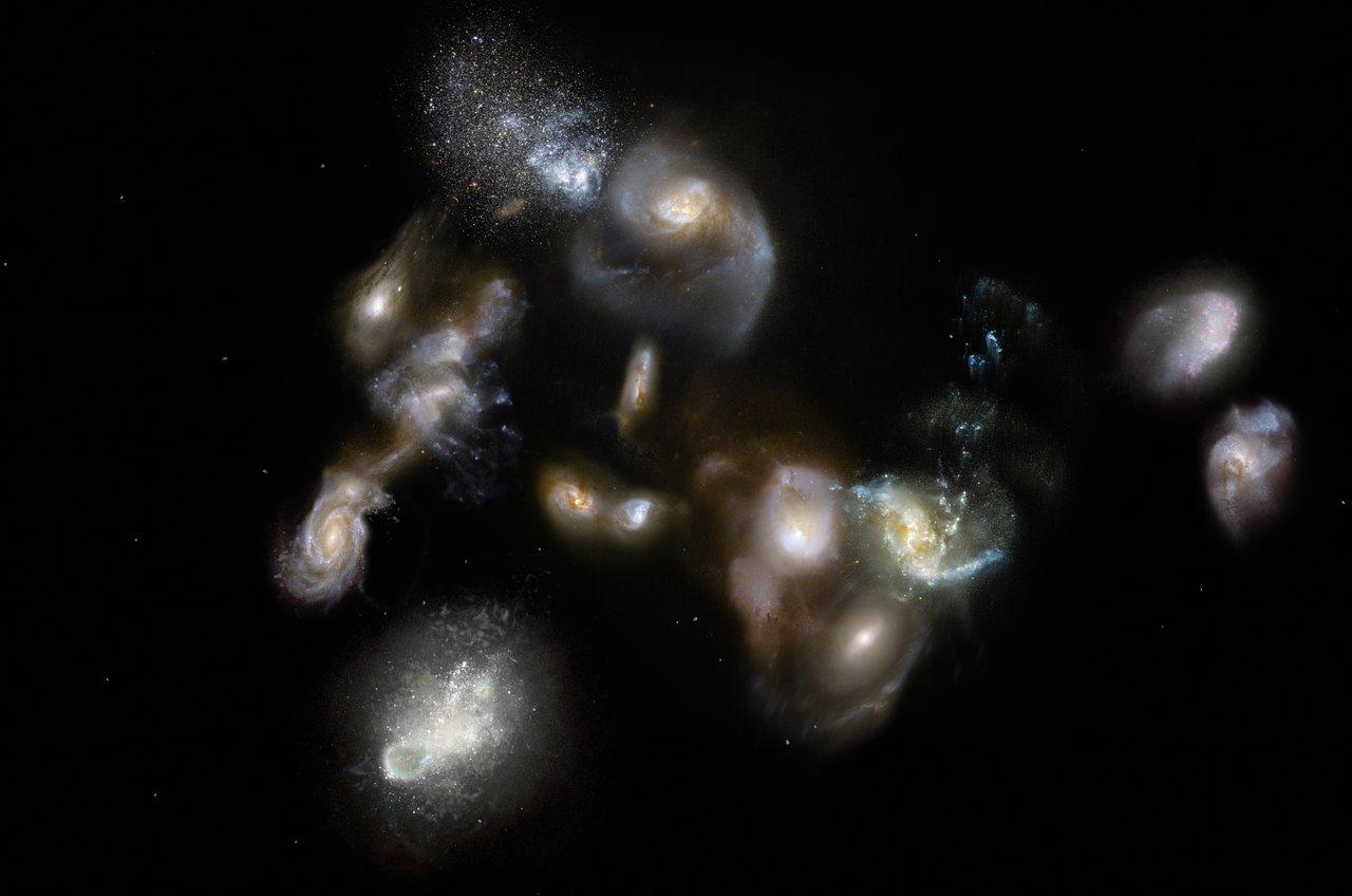 This artist's impression shows a group of interacting and merging galaxies in the early Universe. Such mergers have been spotted using the ALMA and APEX telescopes and represent the formation of galaxies clusters, the most massive objects in the modern Universe. Astronomers thought that these events occurred around three billion years after the Big Bang, so they were surprised when the new observations revealed them happening when the Universe was only half that age