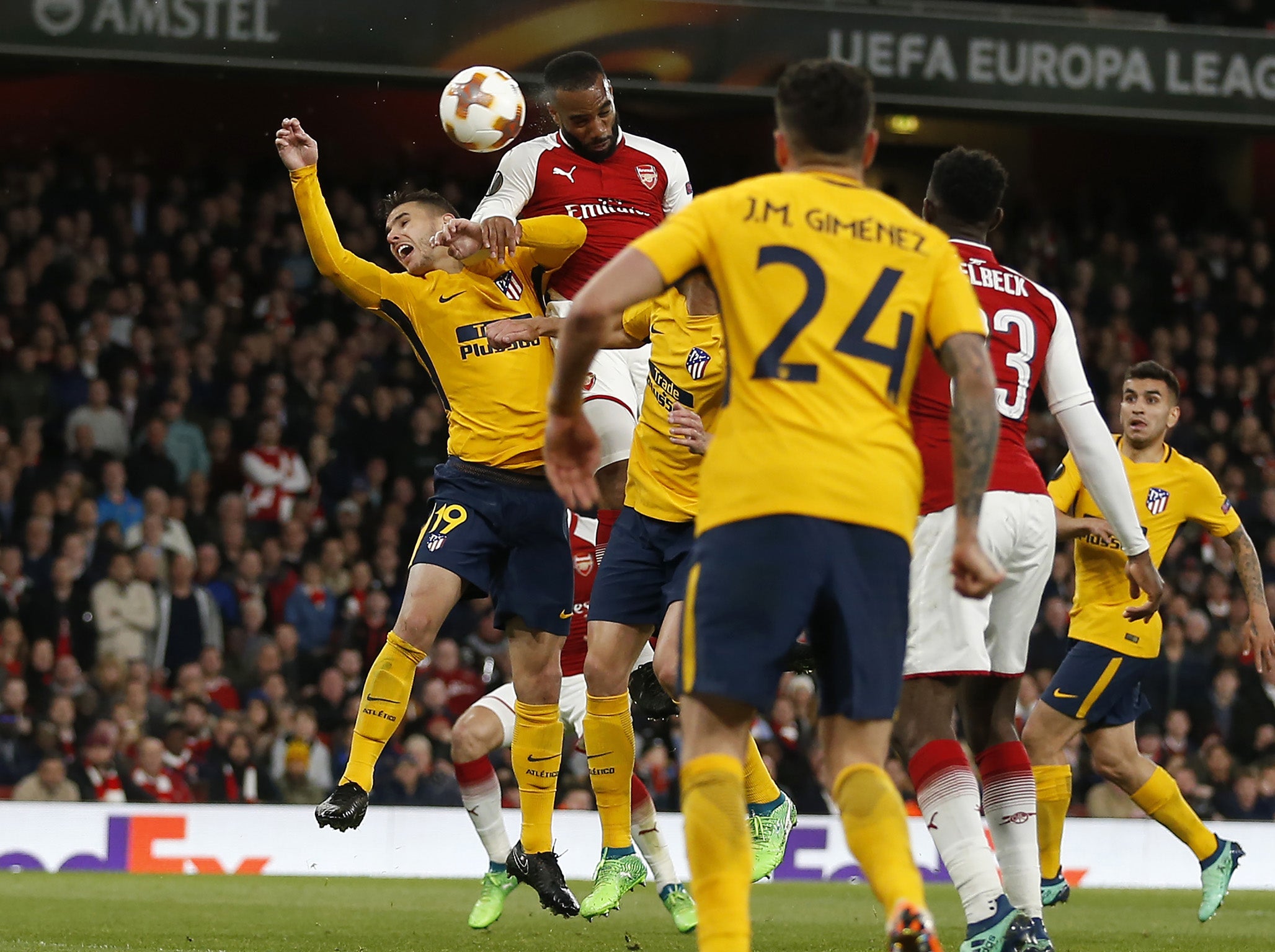 Alexandre Lacazette leaps highest to score Arsenal’s opener