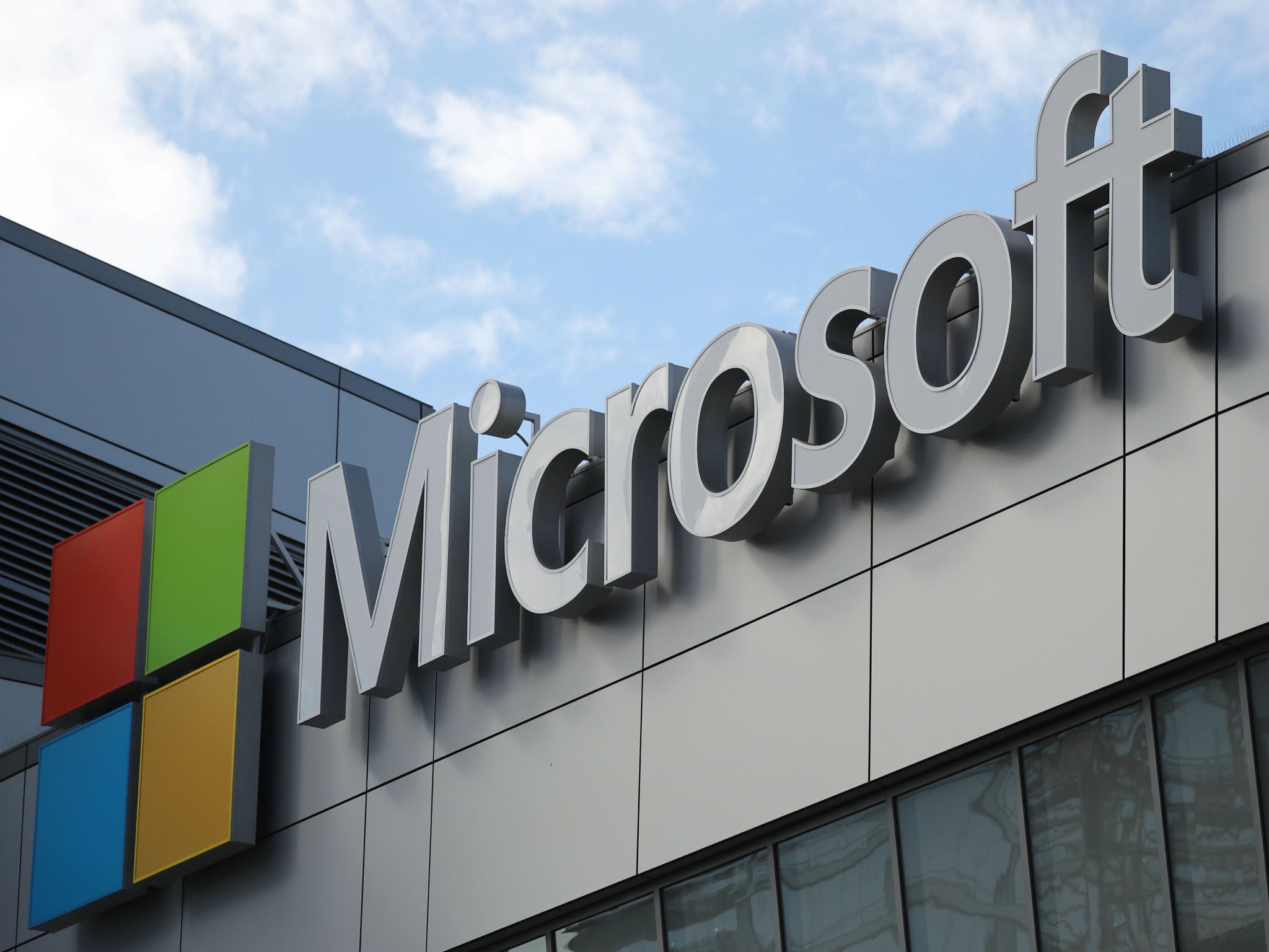 A Microsoft logo is seen in Los Angeles, California