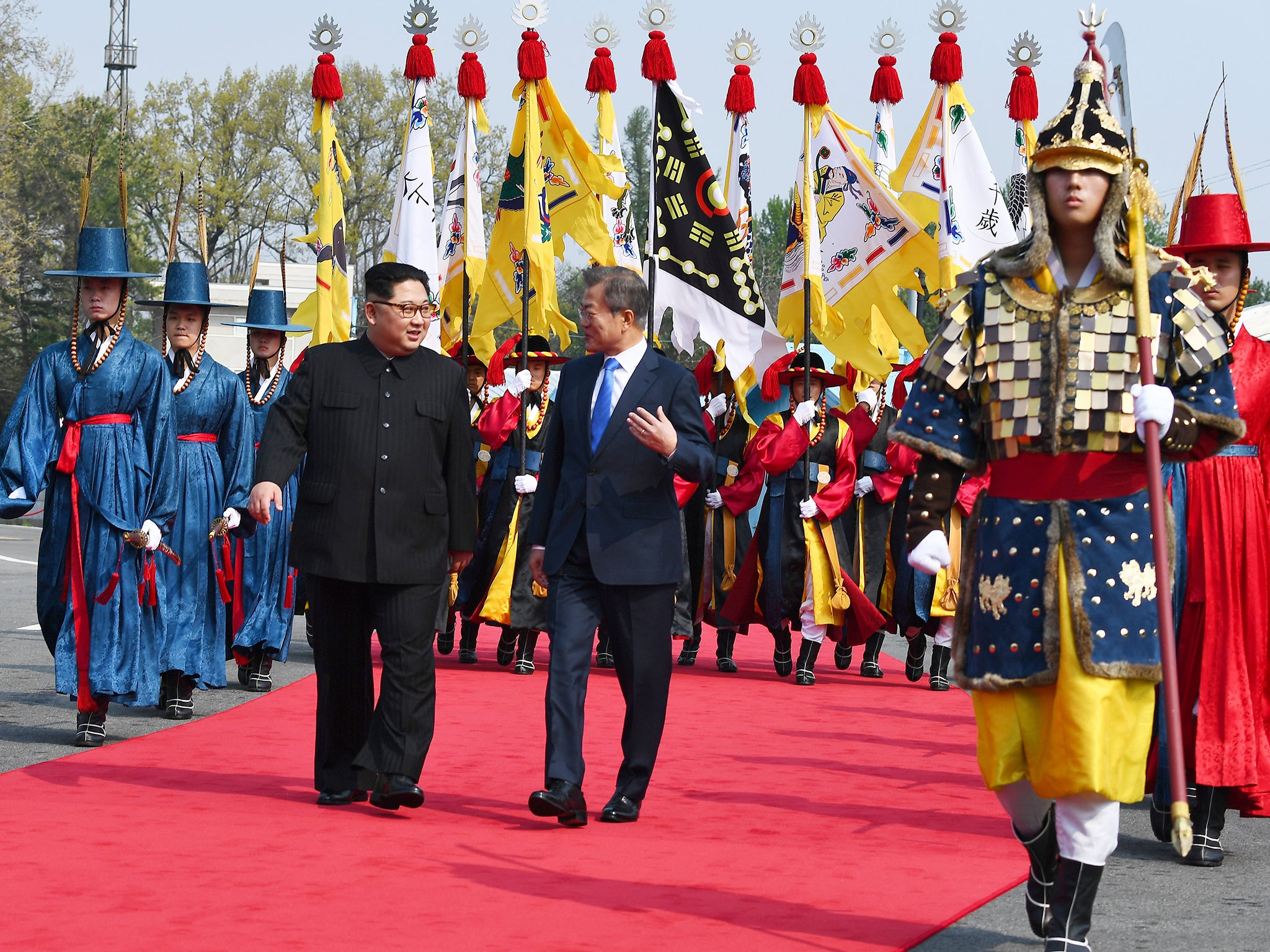 South Korean President Moon Jae-in and North Korean leader Kim Jong-un at the Joint Security Area