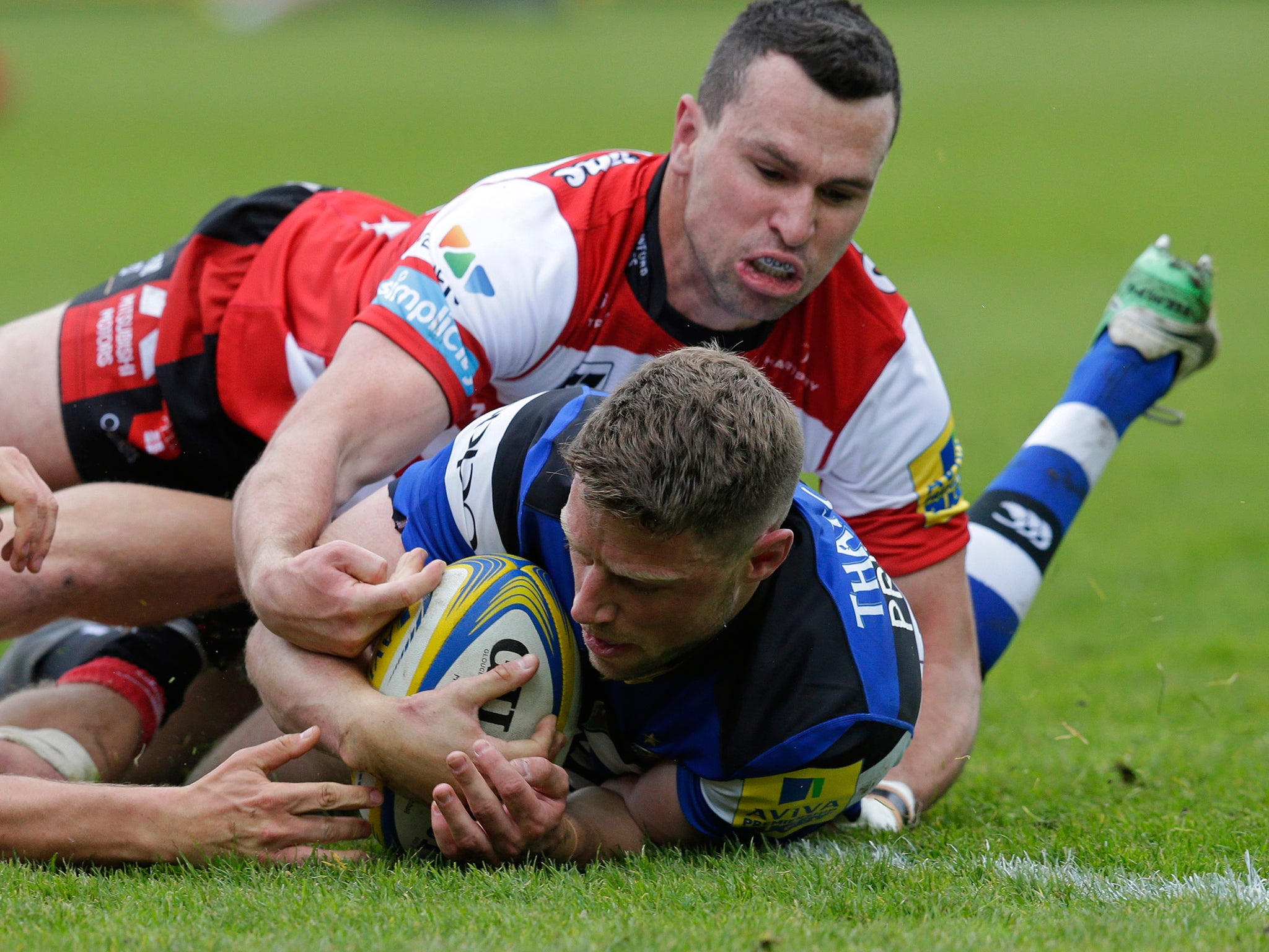 Rhys Priestland touches down to score one of Bath's six tries