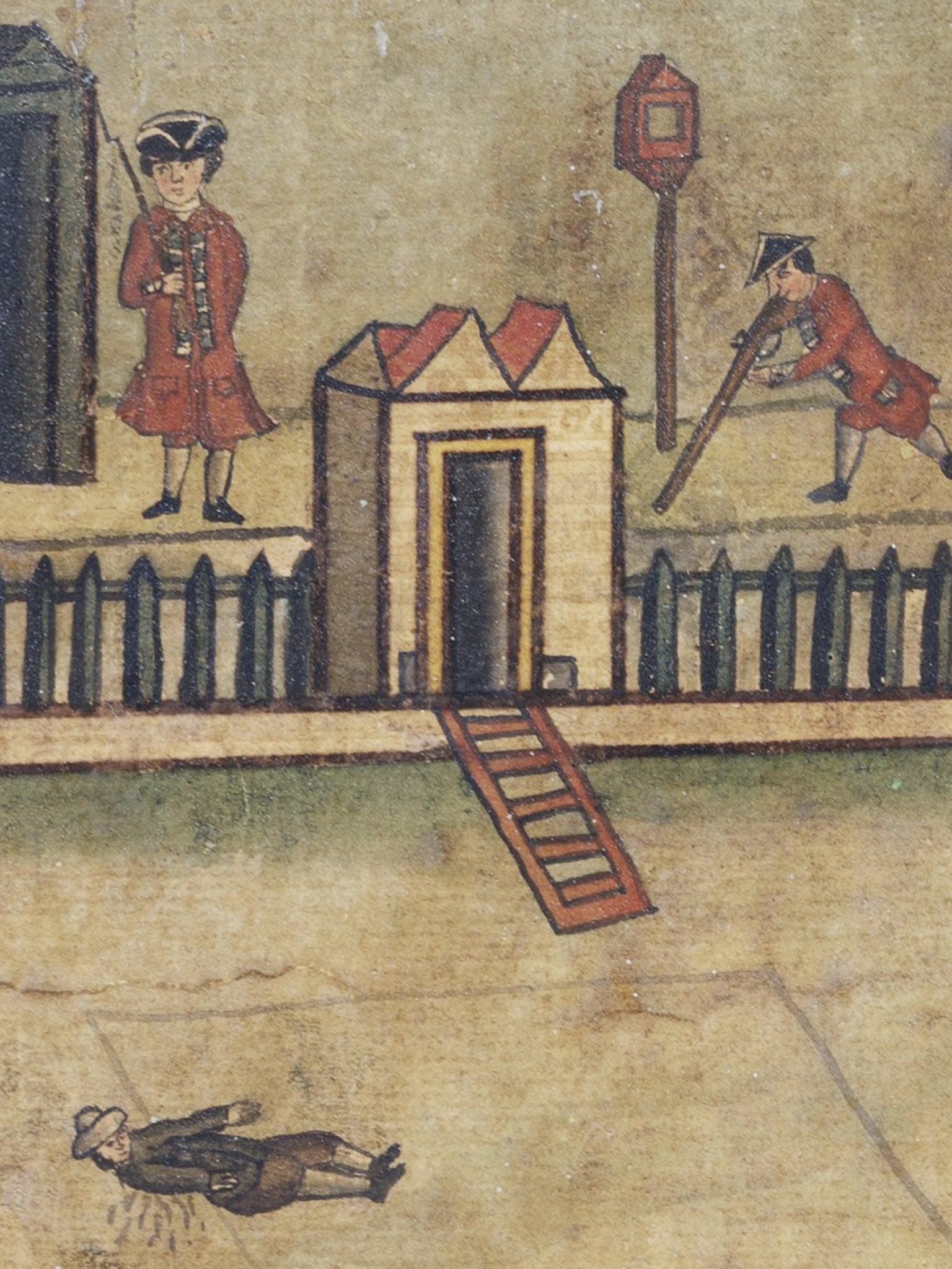 A guard shoots a prisoner of war who has come too close to the perimeter of the detention centre (National Trust/John Hammond)