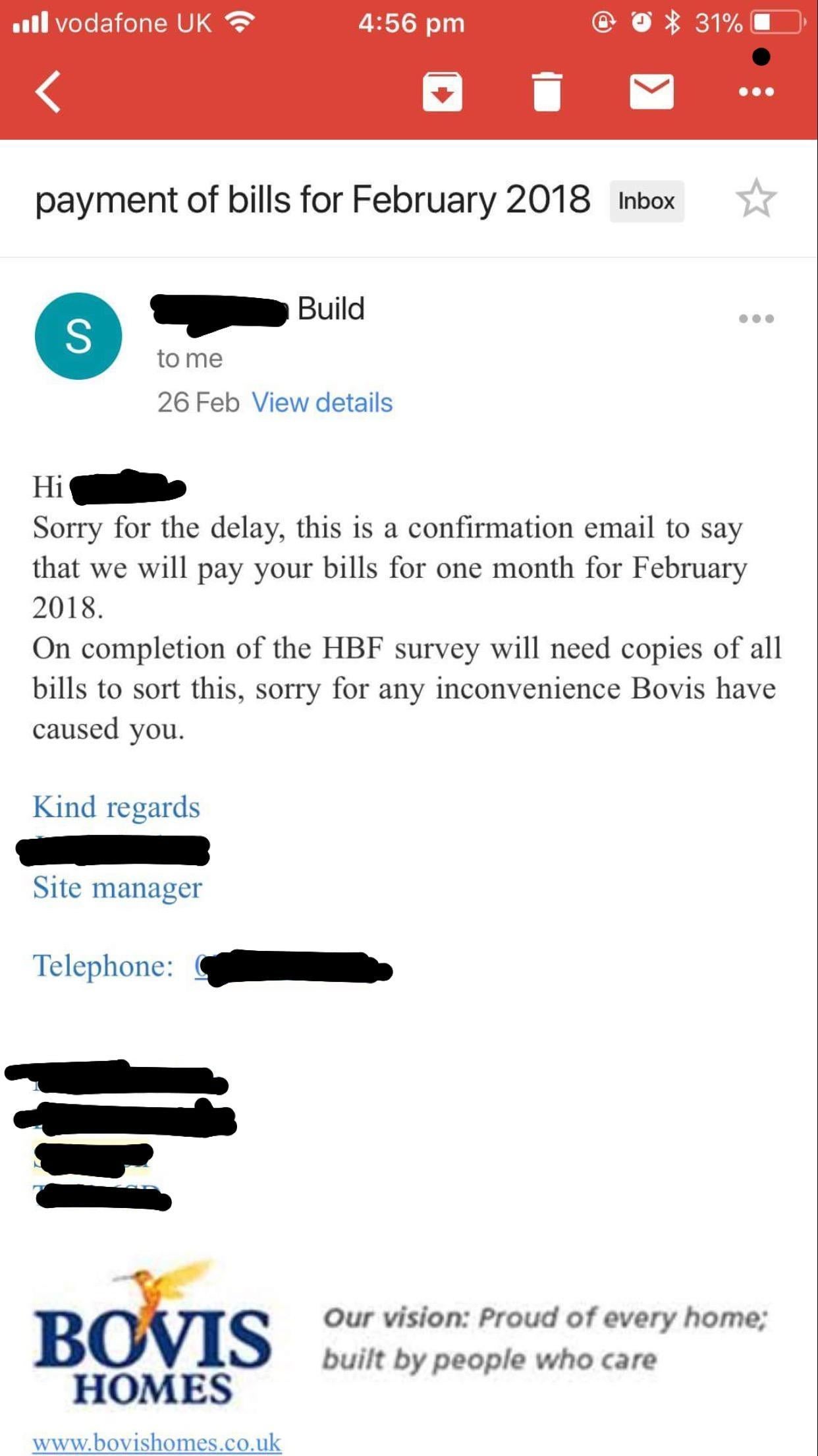 An email from a Bovis Homes site manager to a homebuyer confirming payment subject to completion of the HBF survey