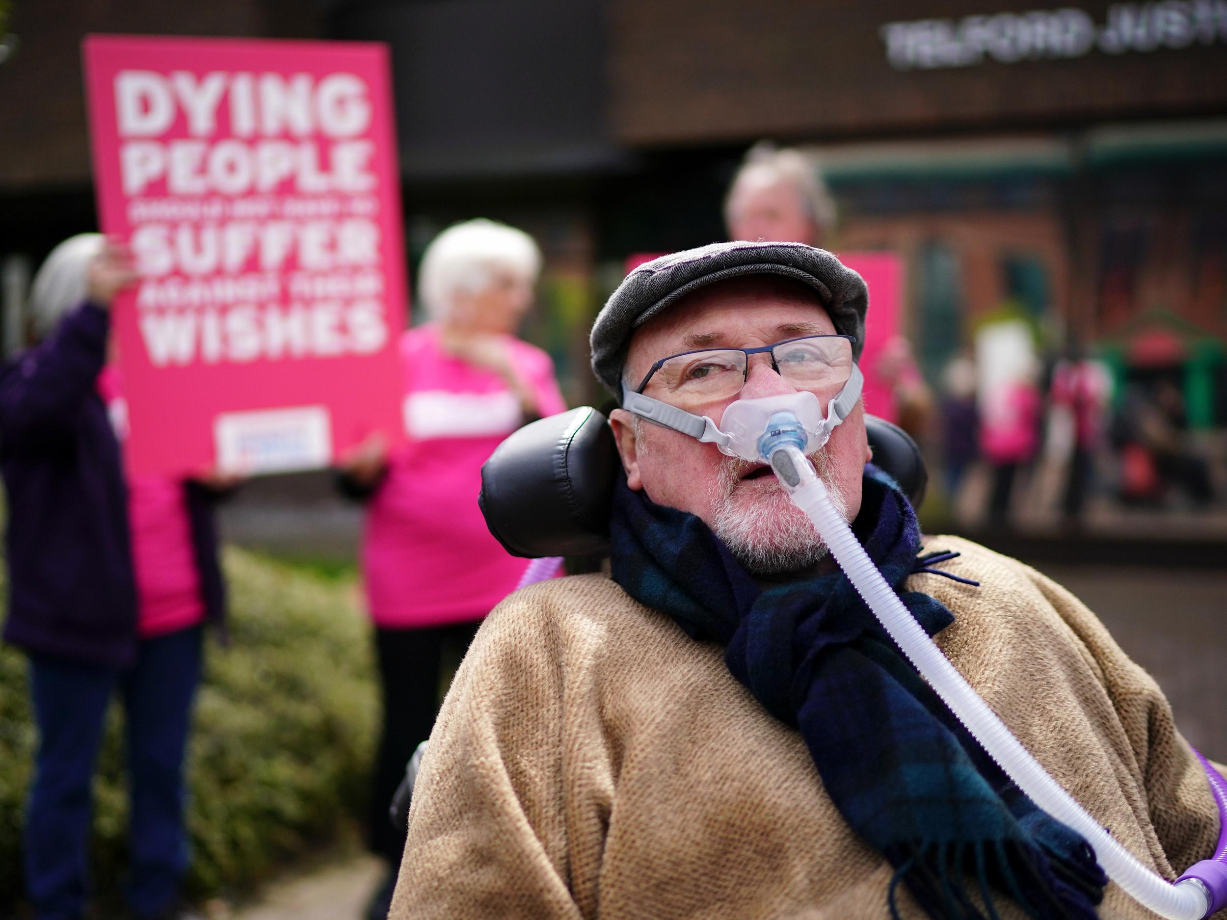 Noel Conway outside Telford County Court, where he is watching his appeal via video link