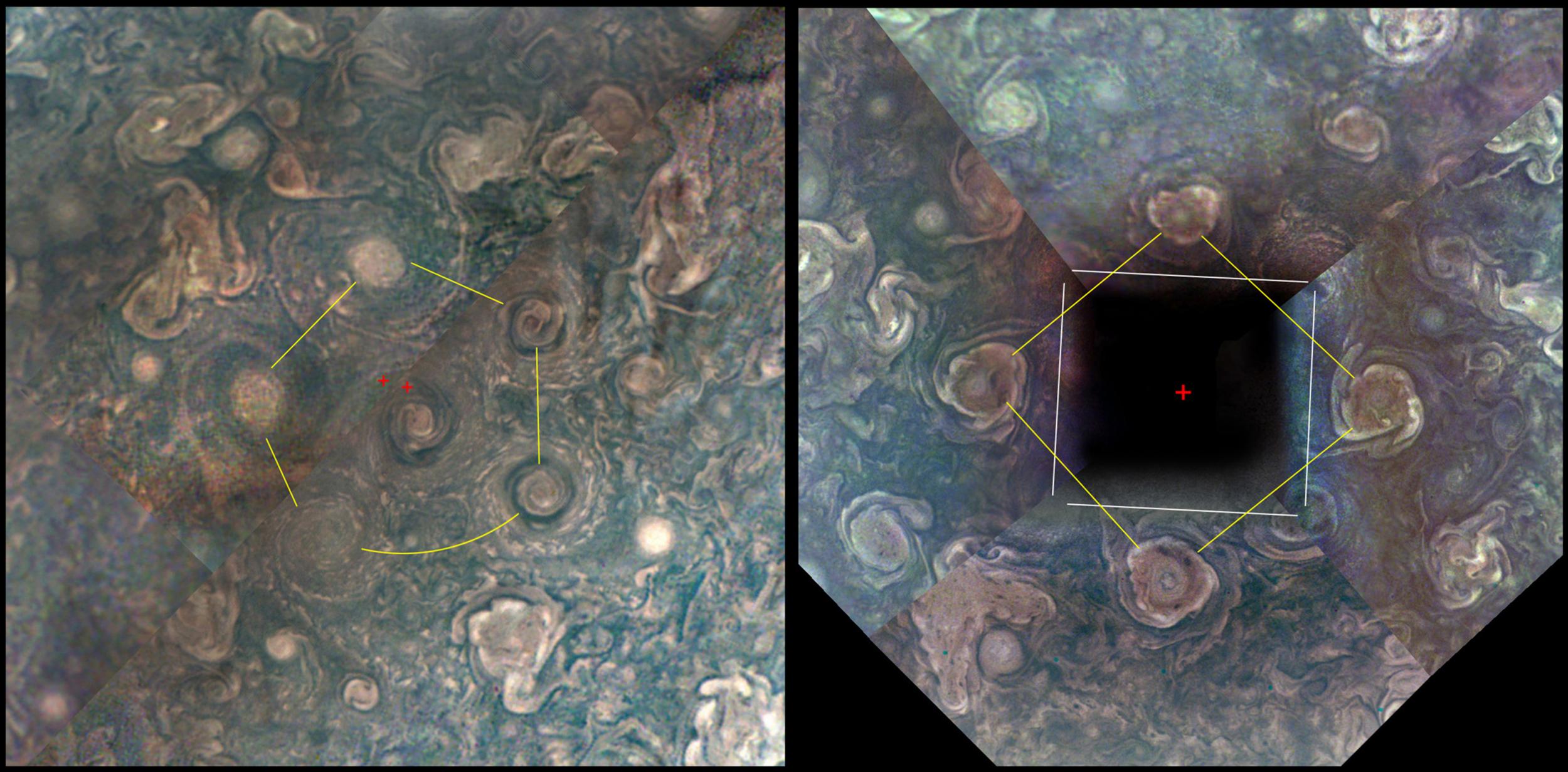 Nasa’s spaceprobe Juno has discovered giant cyclones forming polygons around the planet's north and south poles (Nasa)