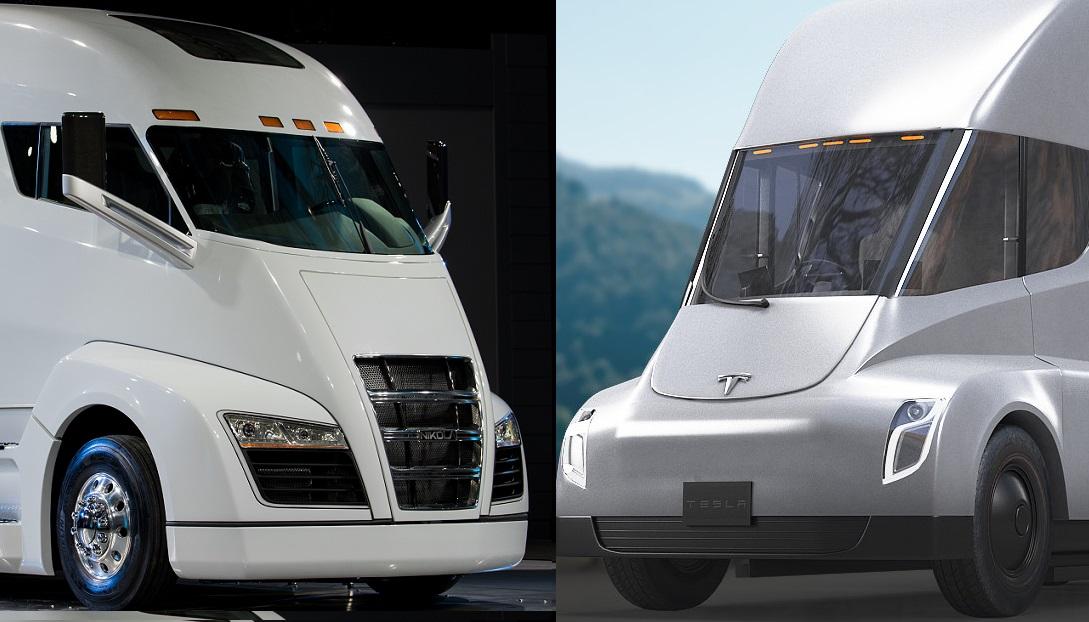 The Nikola One truck (left) and the Tesla Semi. Nikola Motors claims Tesla copied the design of their truck