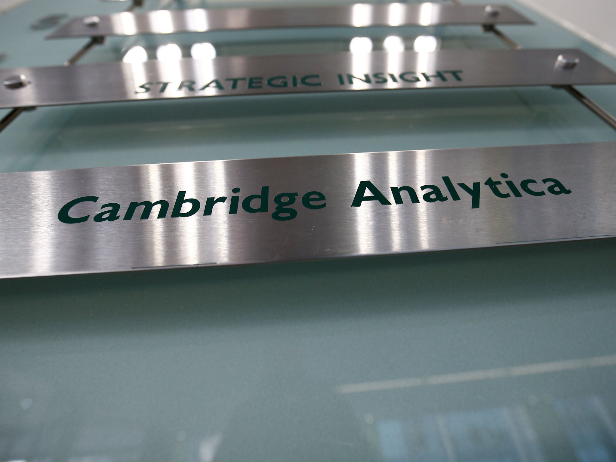 The nameplate of political consultancy, Cambridge Analytica, is seen in central London