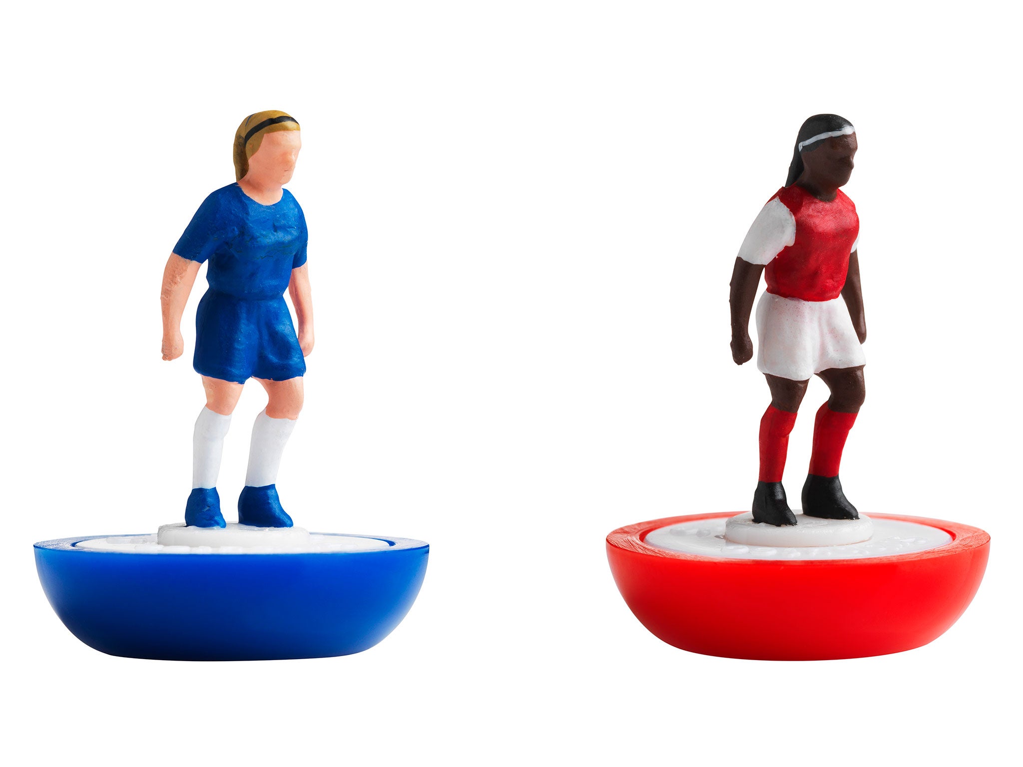 Figures in the colours of Chelsea and Arsenal from the first all-female Subbuteo set