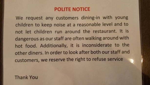 The note that staff at Nepalese Chef have been handing out to diners with young children