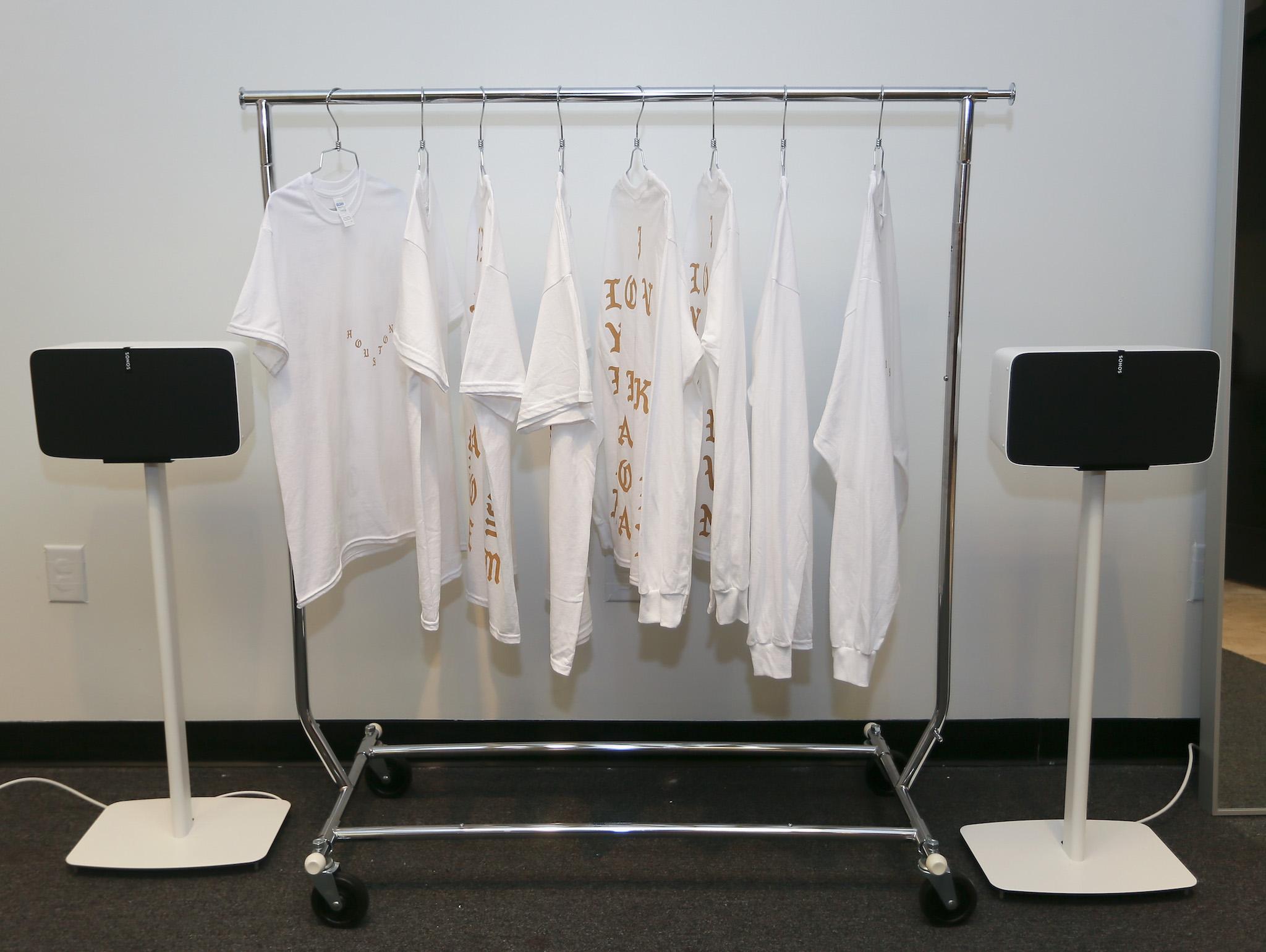 A pair of SONOS speakerss on display between product a the Kanye West temporary PABLO store at The Galleria on August 19, 2016 in Houston, Texas