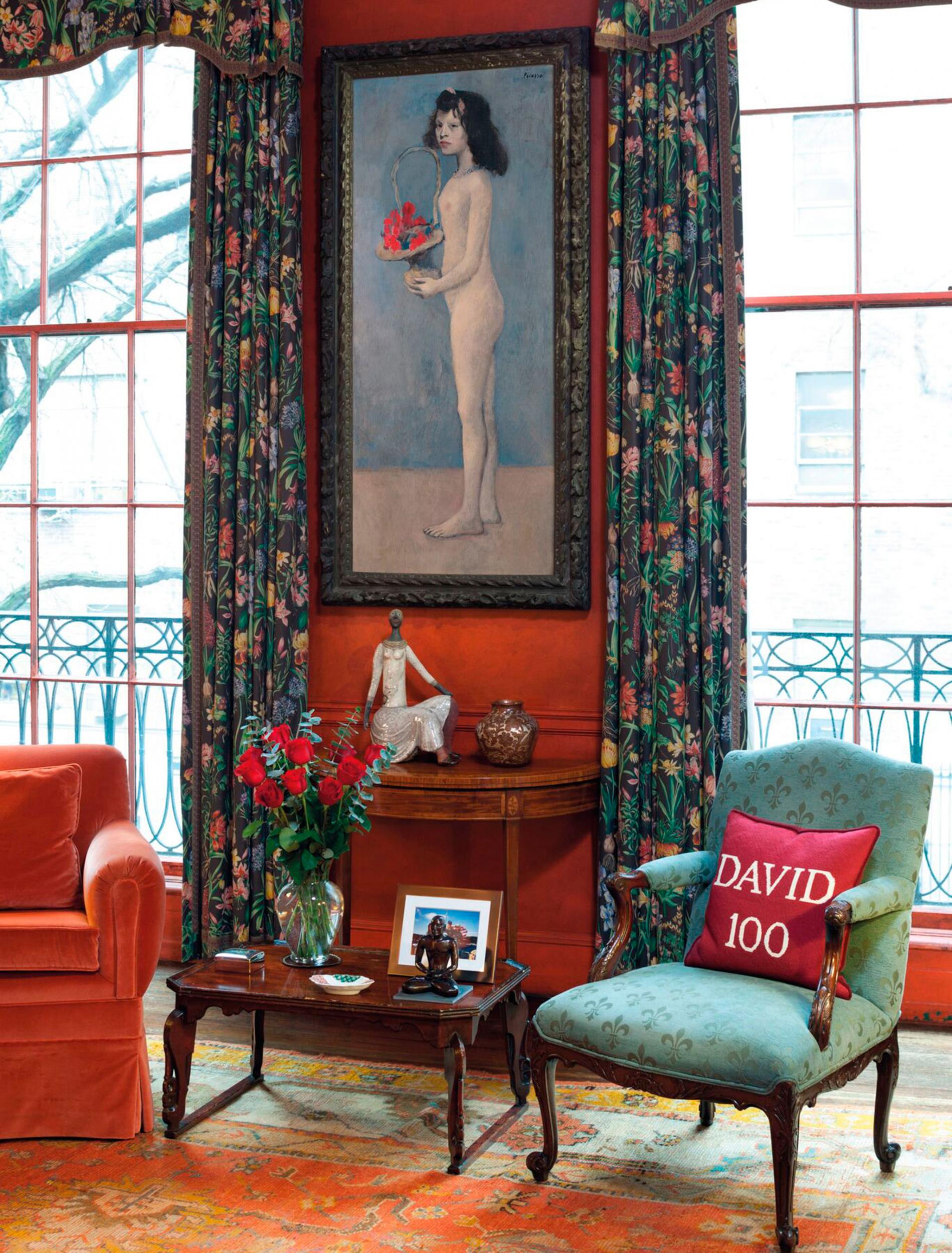 Pablo Picasso’s 1905 painting ‘Young Girl with a Flower Basket’ in the library of the Manhattan townhouse that was the residence of David and Peggy Rockefeller (AP)