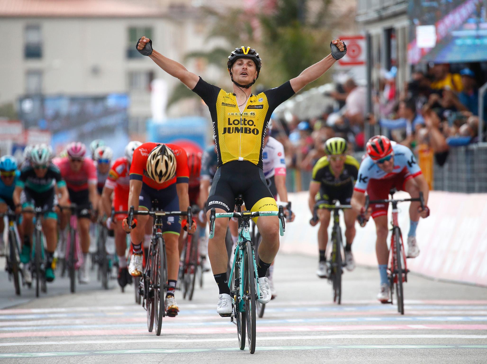 Enrico Battaglin celebrates his victory in Santa Ninfa