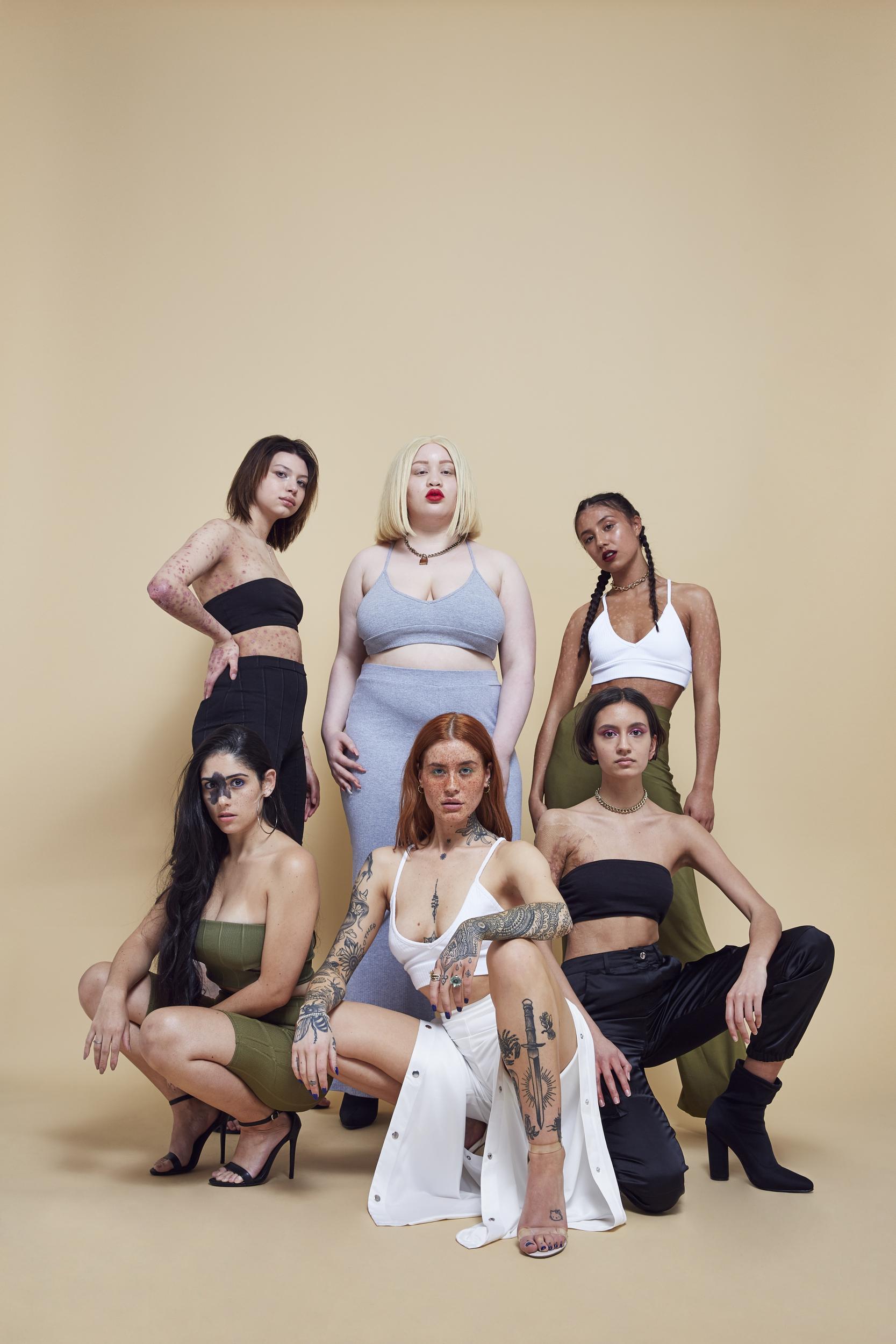 Maya, Joanne, Beth, Mariana, Polly and Isabella pose together for the #InYourOwnSkin campaign.