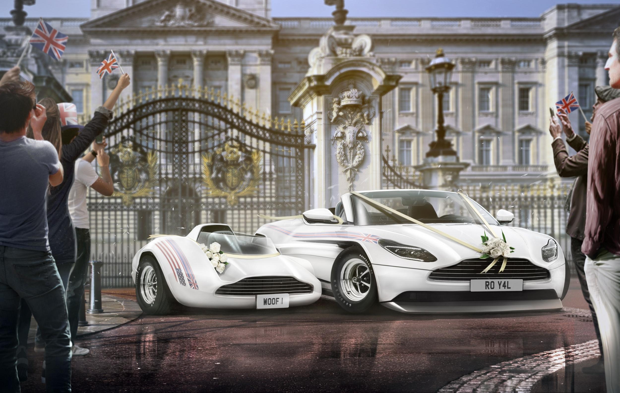 The make believe car, with its accompanying side vehicle for Meghan Markle's dog, parked outside Buckingham Palace.