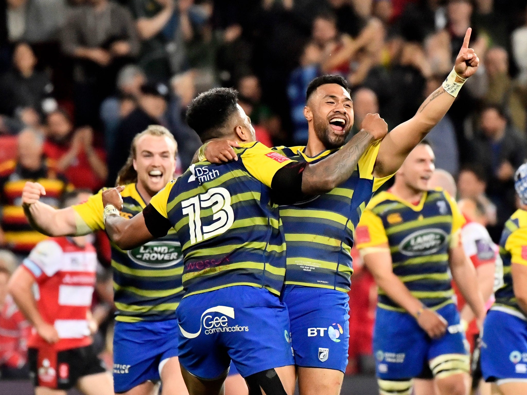 Cardiff Blues celebrates winning the European Challenge Cup final after beating Gloucester 31-30