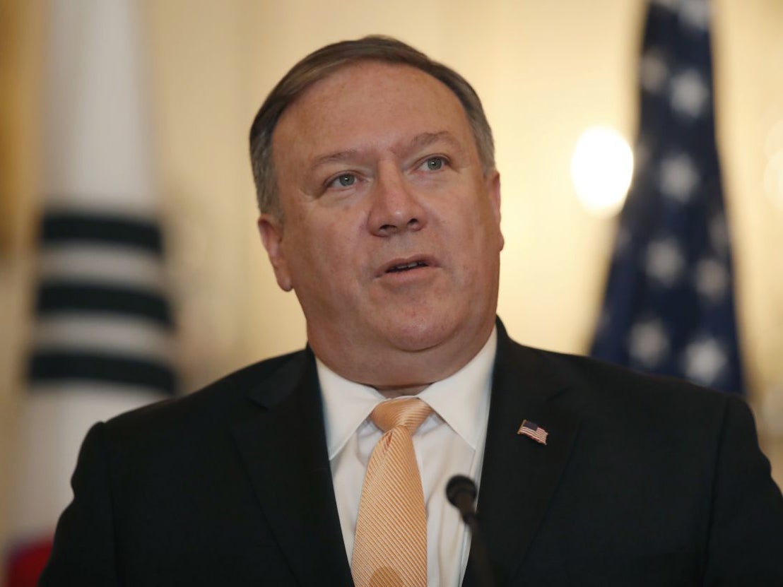 Secretary of state Mike Pompeo speaks alongside with South Korean Foreign Minister Kang Kyung-wha at the State Department, 11 May