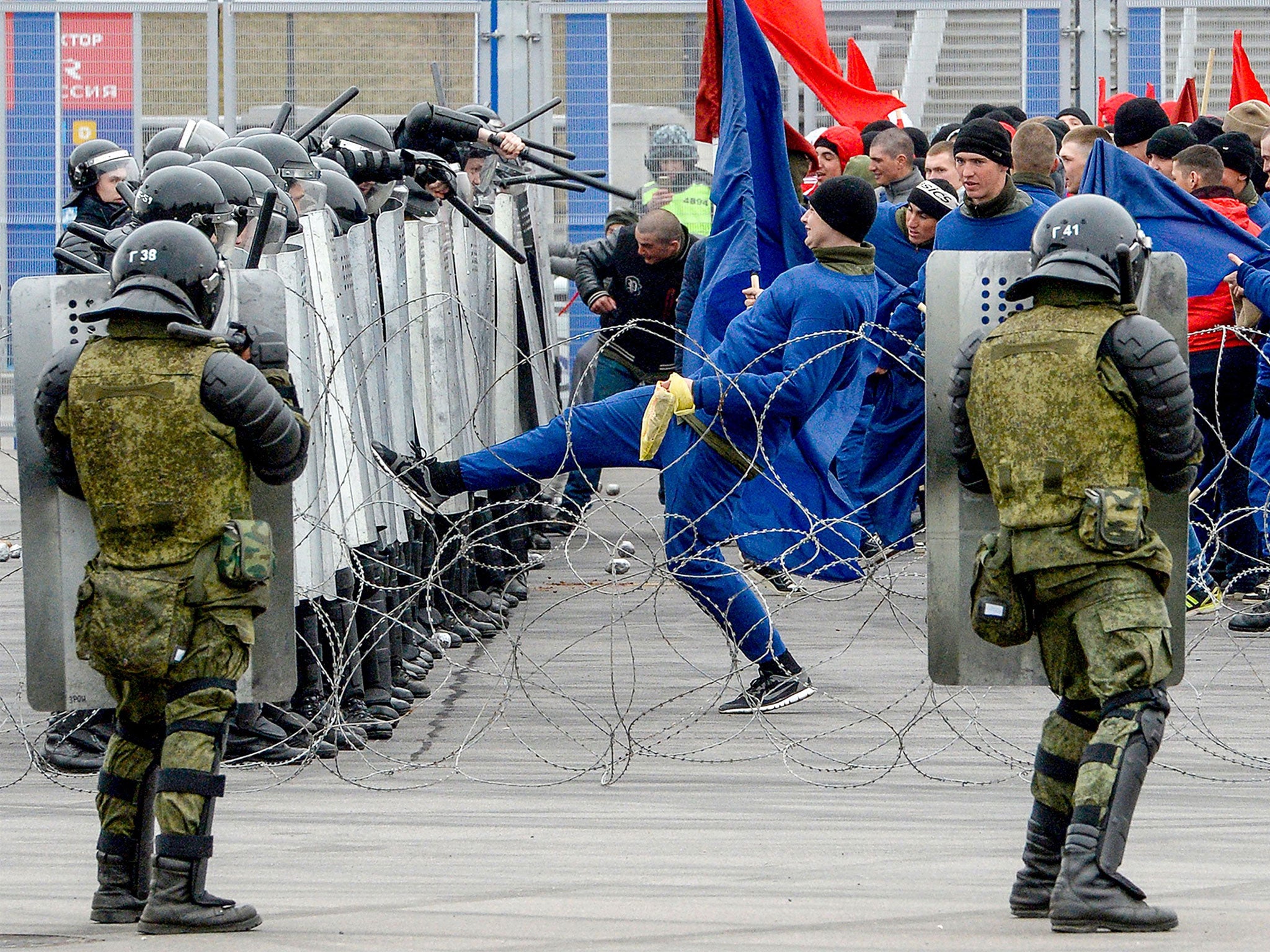 Russian riot policemen take part in special security exercises at the St Petersburg's Krestovsky Stadium in April ahead of this summer's World Cup