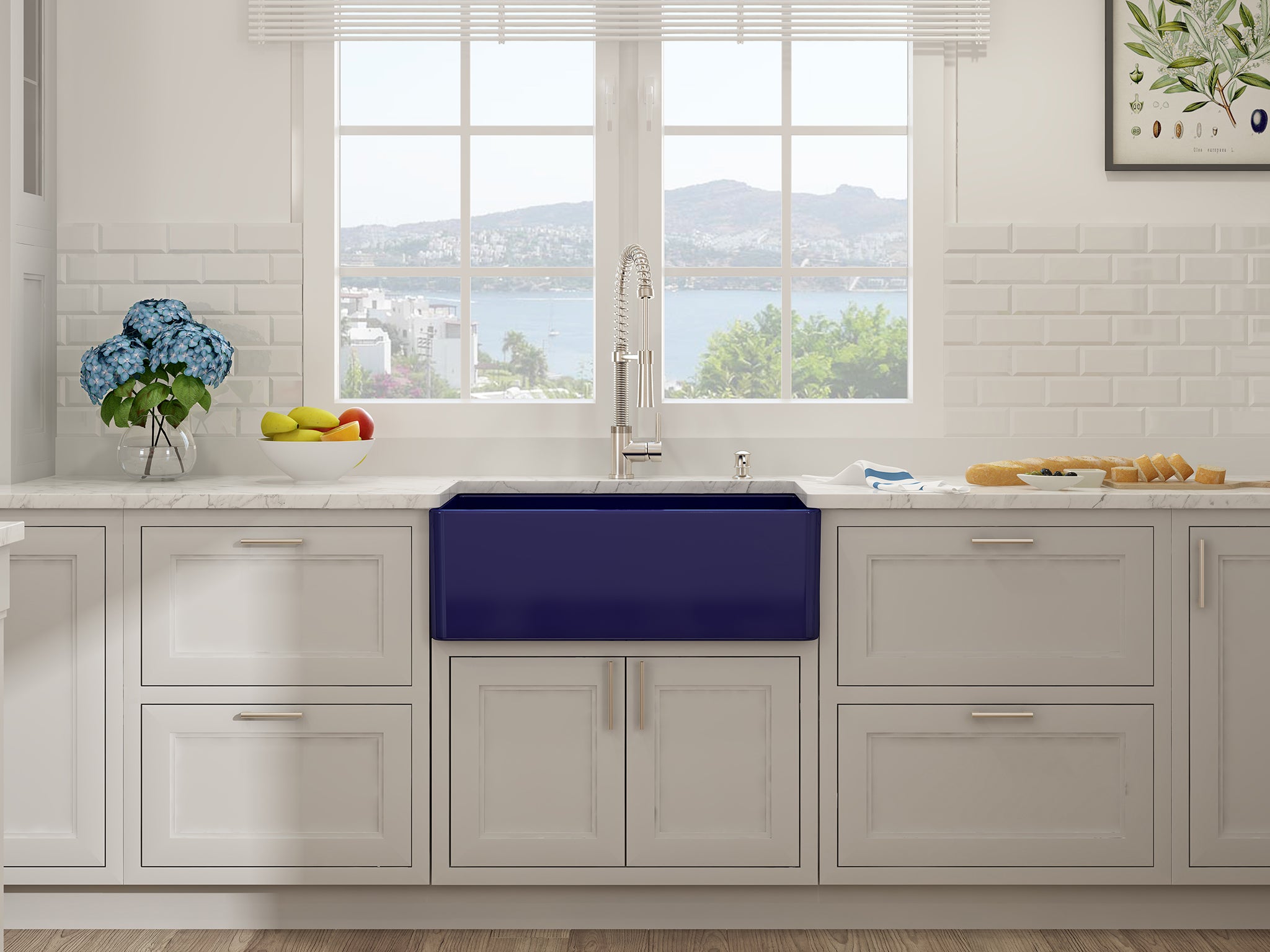 Bocchi does a classic farmhouse sink in striking sapphire blue