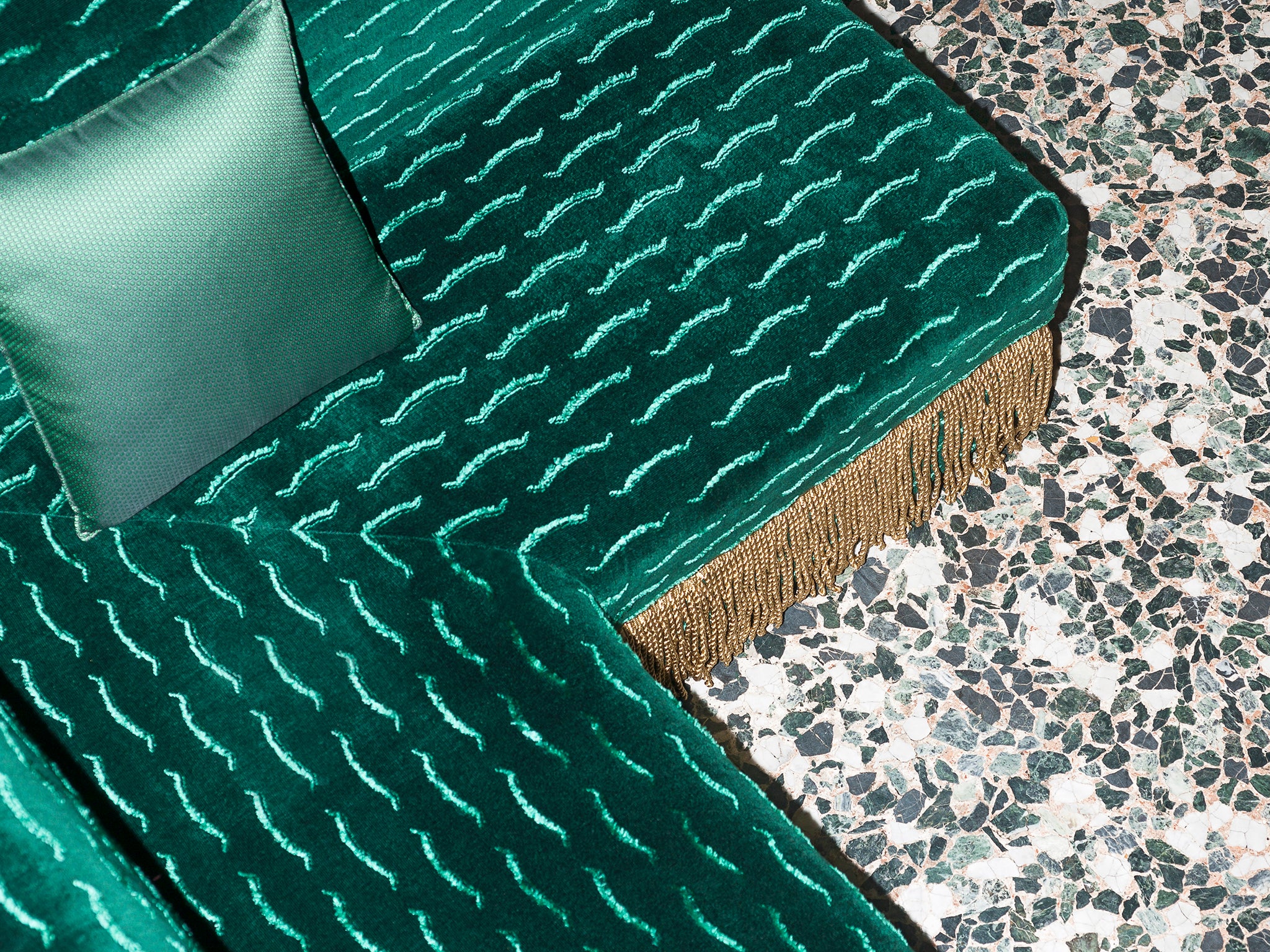 Nouvelles Vagues is a rich velvet textile that echoes the texture and appearance of a tiger’s coat (Dedar)