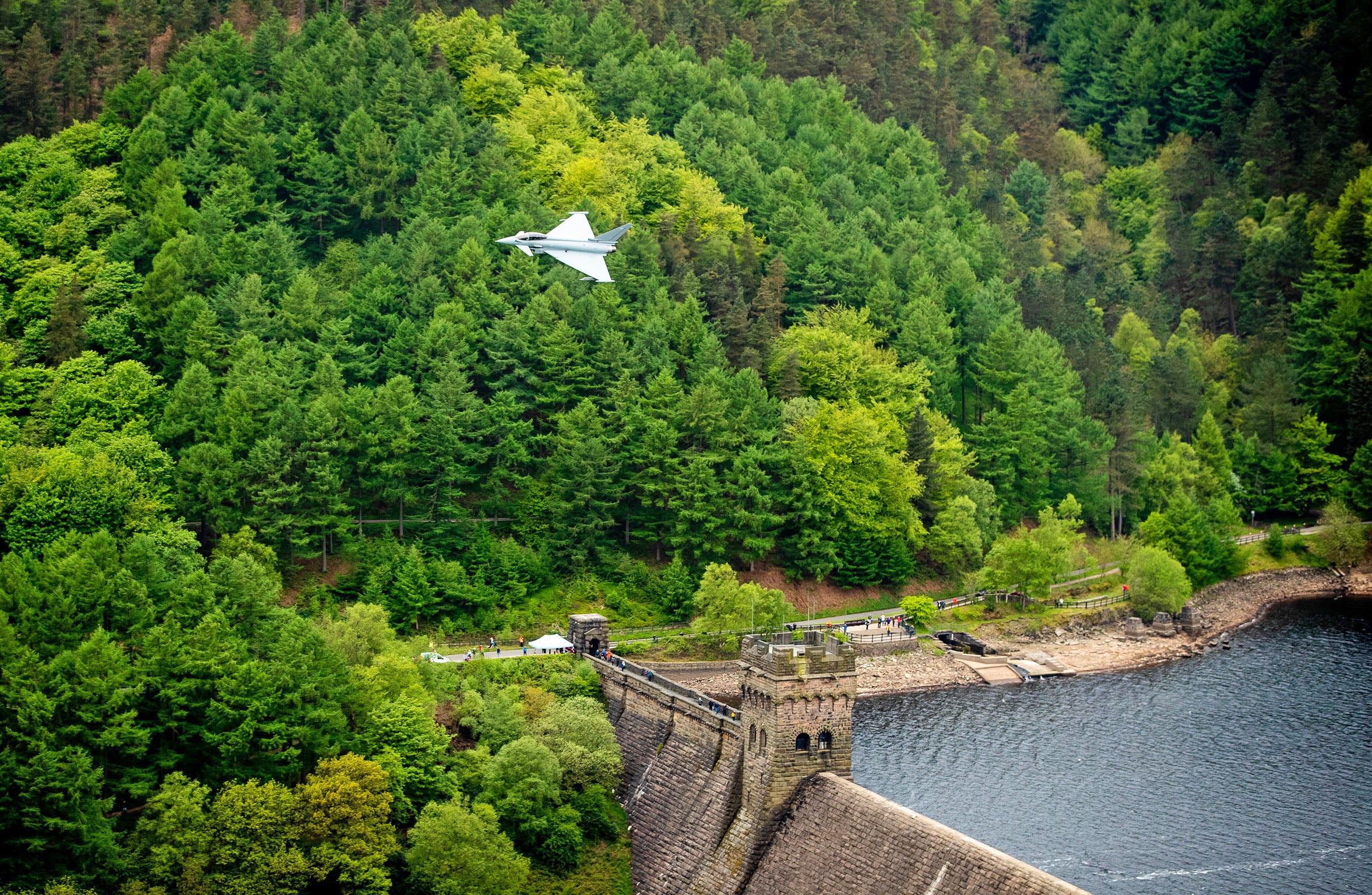 An RAF Typhoon takes part in a flypast over the Derwent dam in Derbyshire to mark the 75th anniversary of the raid in 2018