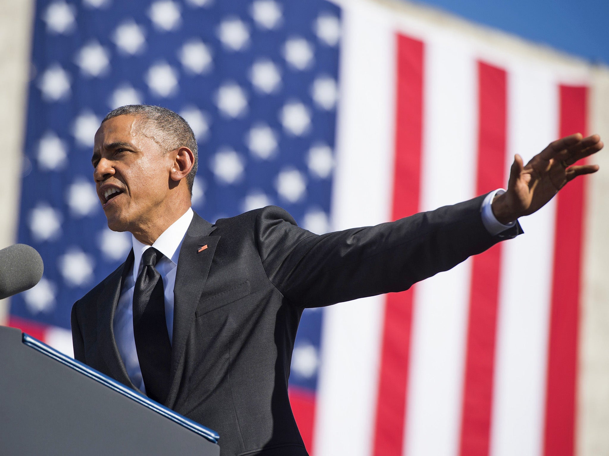 US President Barack Mr Obama speaks during an event marking the 50th Anniversary of the Selma to Montgomery civil rights marches at the Edmund Pettus Bridge in Alabama on March 7, 2015