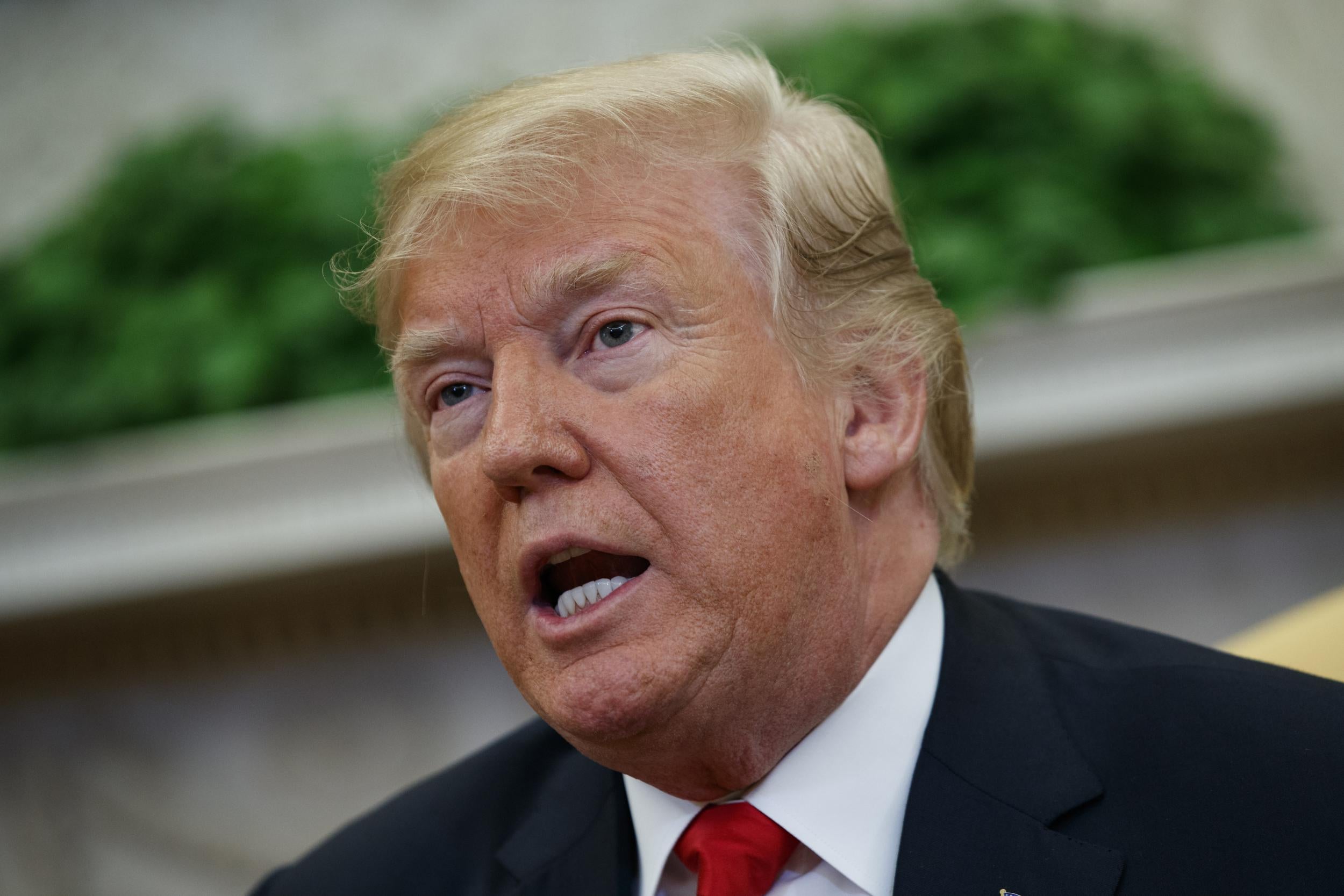 President Donald Trump speaks during a meeting with NATO Secretary General Jens Stoltenberg in the Oval Office