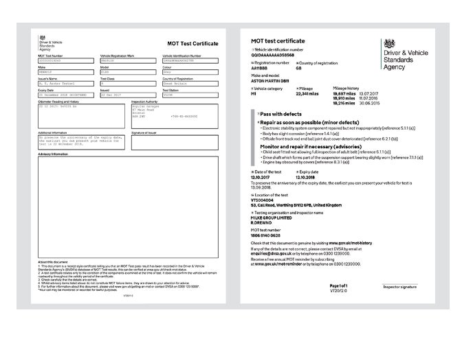 The current MOT test certificate (left) will change to a new style (right)