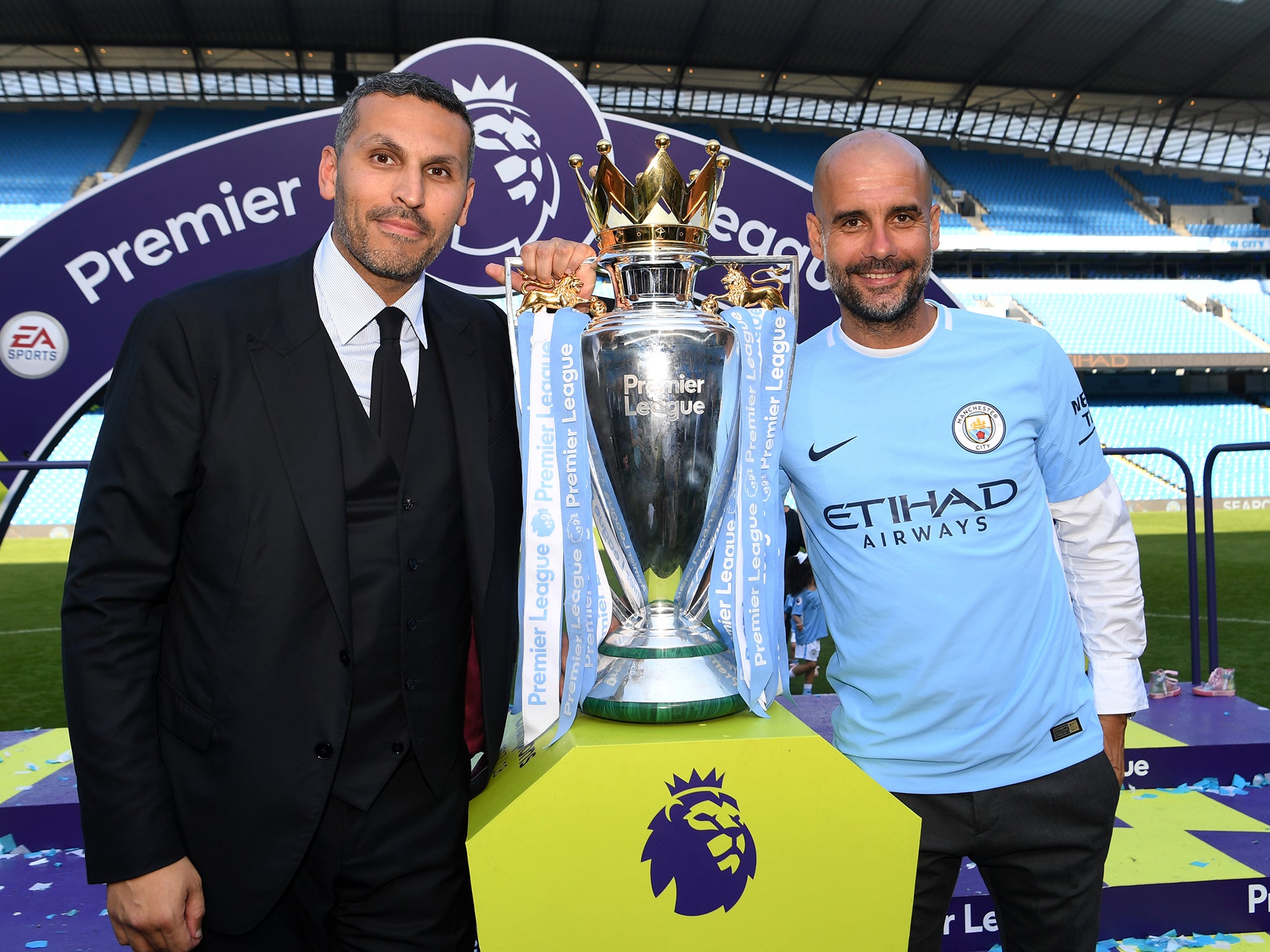 City chairman Khaldoon Al-Mubarak (left) has faith in Guardiola to build an era of domination