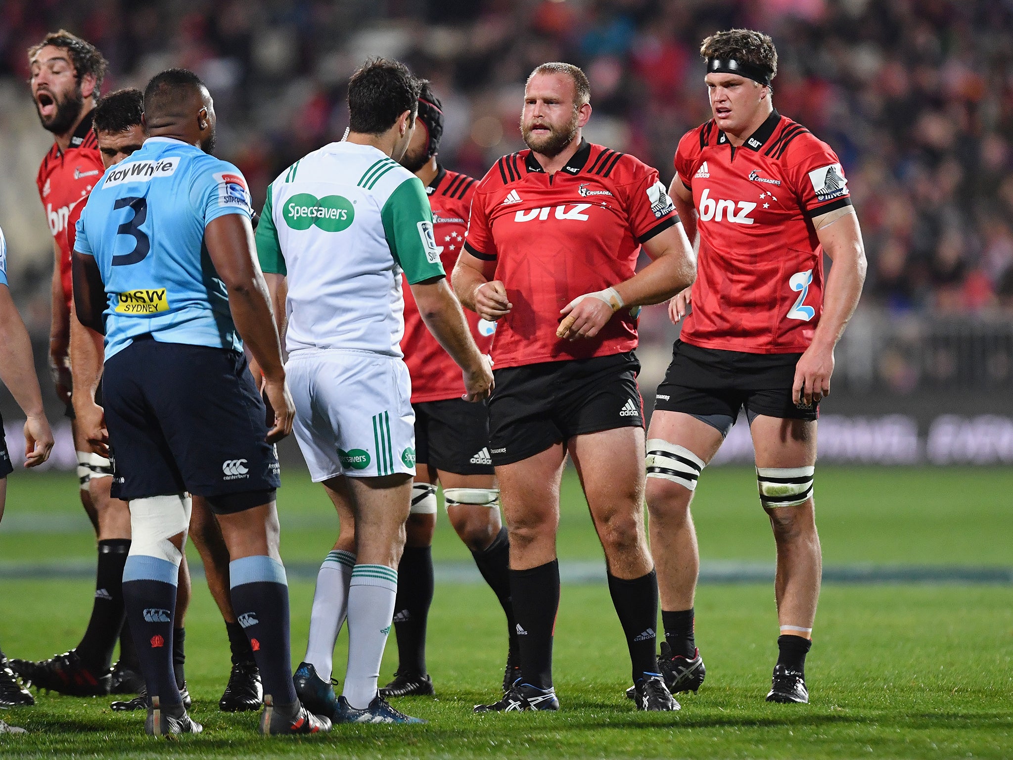 Joe Moody (centre) received a two-week ban for elbowing Kurtley Beale