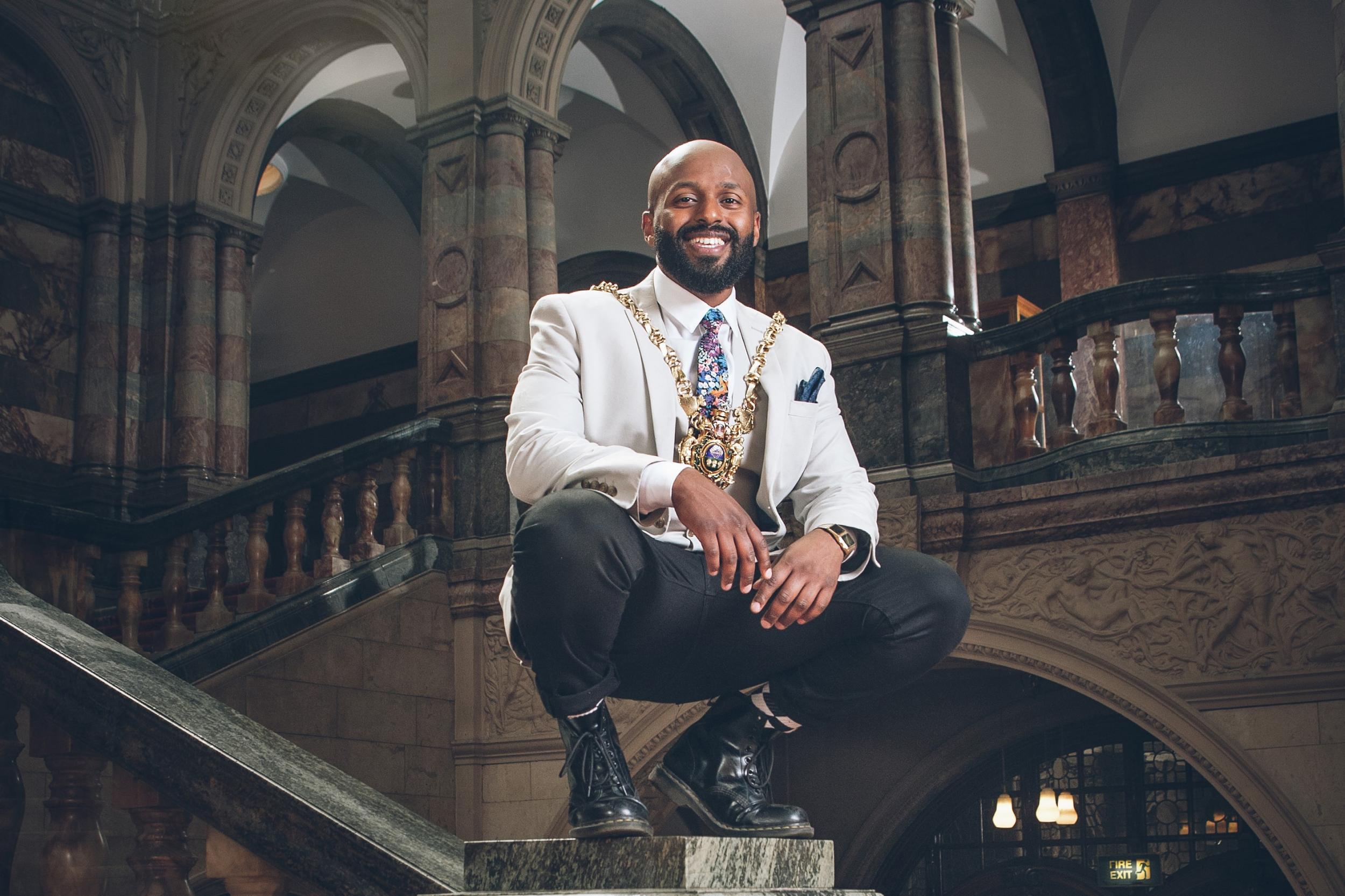 Councillor Magid Magid, in his now famous pose after inauguration as Sheffield's Lord Mayor