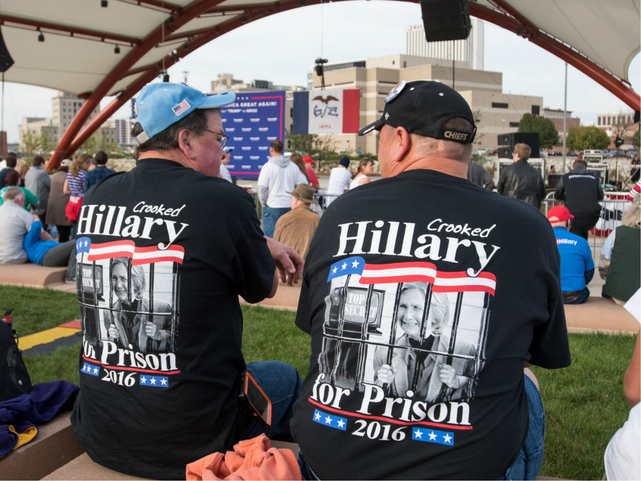 Supporters of then-presidential candidate Donald Trump chanted 'Lock her up' at a rally in Cedar Rapids, Iowa on 28 October 2016.