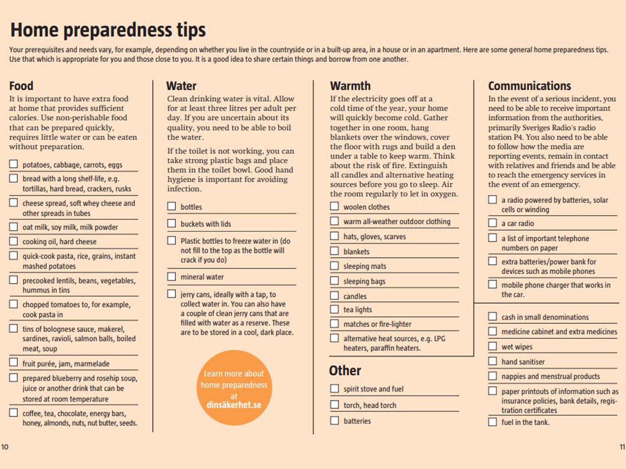 It includes a checklist of emergency supplies homes should contain