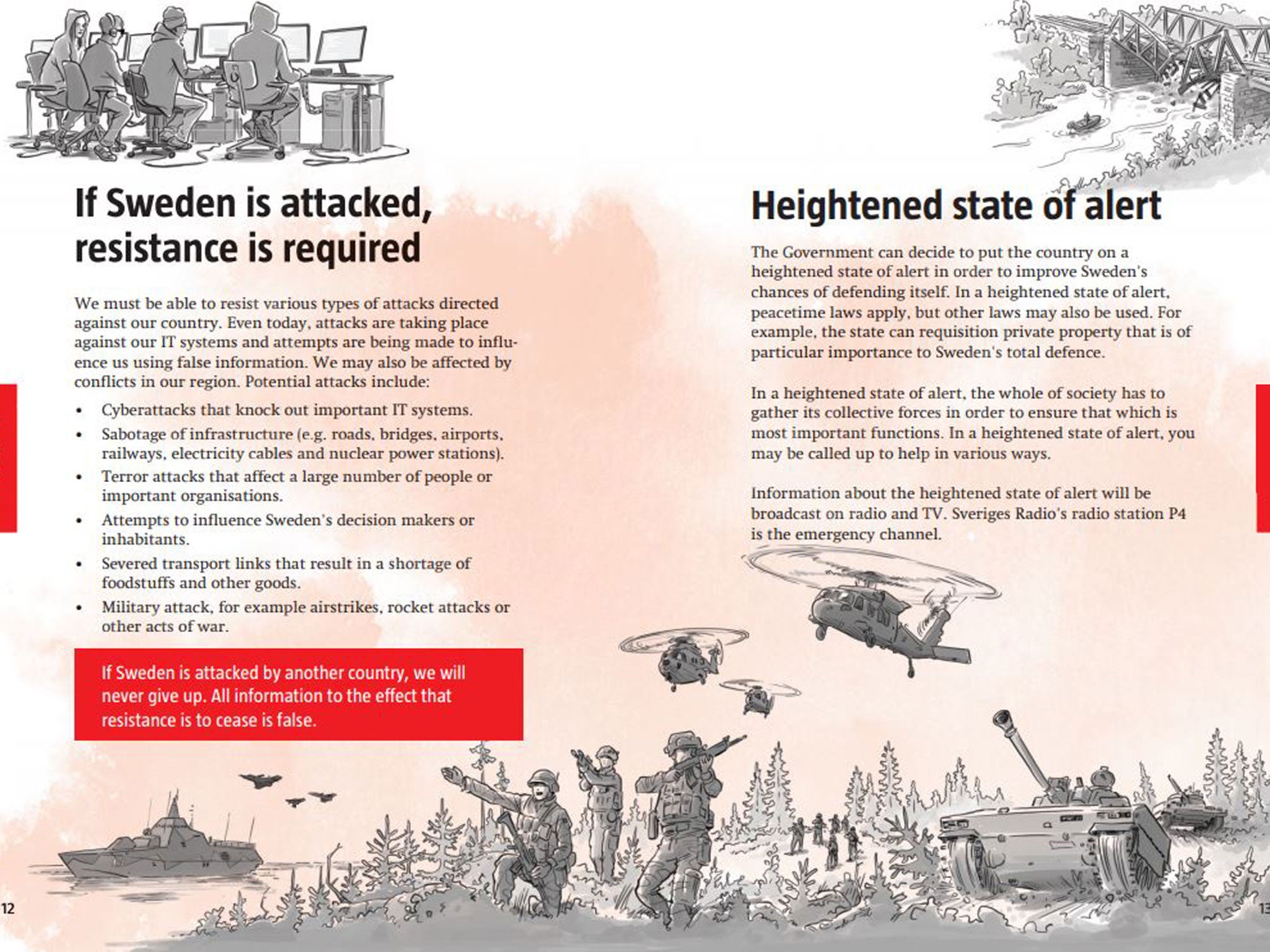 The guide is illustrated by pictures of soldiers supported by tanks, helicopters and the air force, as well as people fleeing disasters such as fires and exploding cars