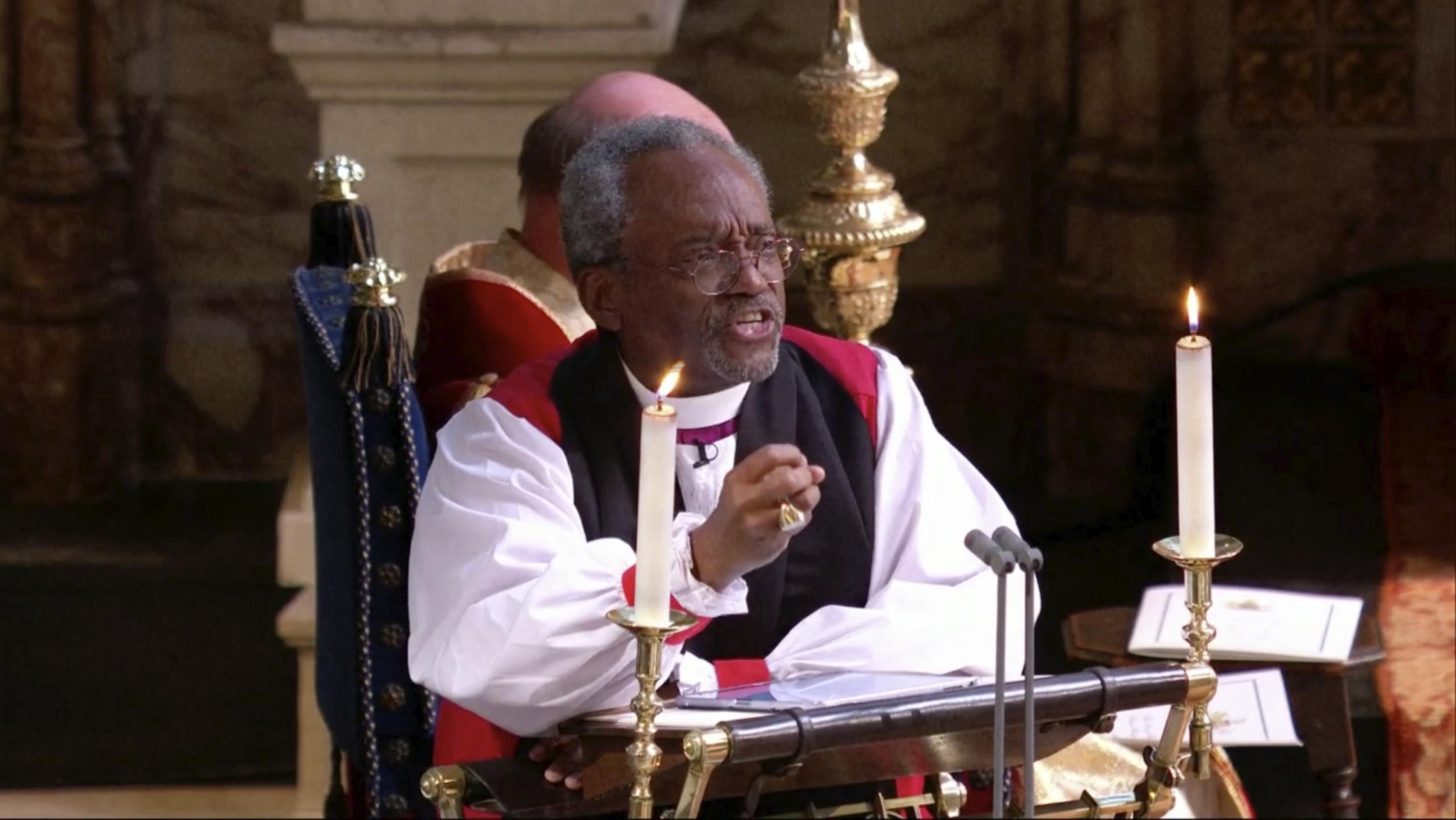 Bishop Michael Bruce Curry speaks during the wedding ceremony of Britain's Prince Harry and Meghan Markle