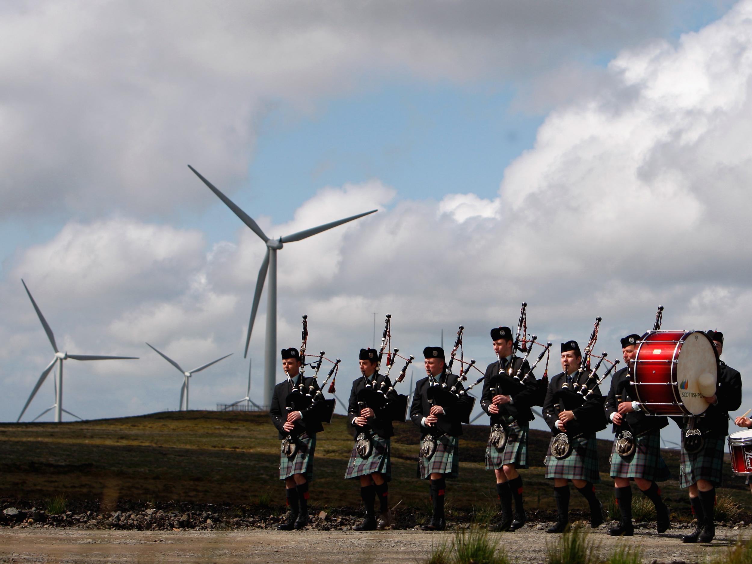 Pipers from the Scottish Power pipe band play at the switch on of Whitelee, Europe's largest onshore windfarm in 2009