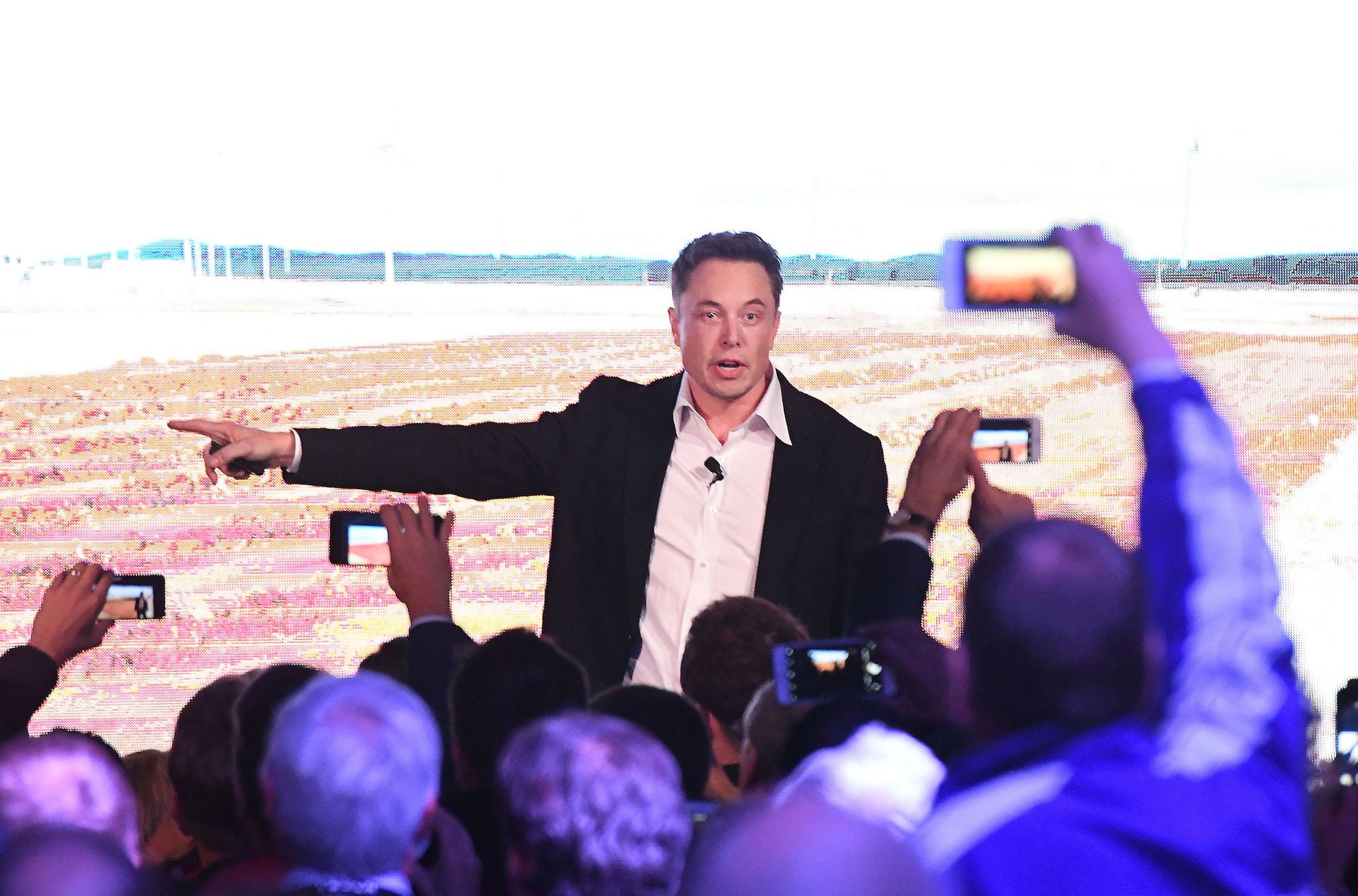 Elon Musk during his presenation at the Tesla Powerpack Launch Event at Hornsdale Wind Farm on September 29, 2017 in Adelaide, Australia