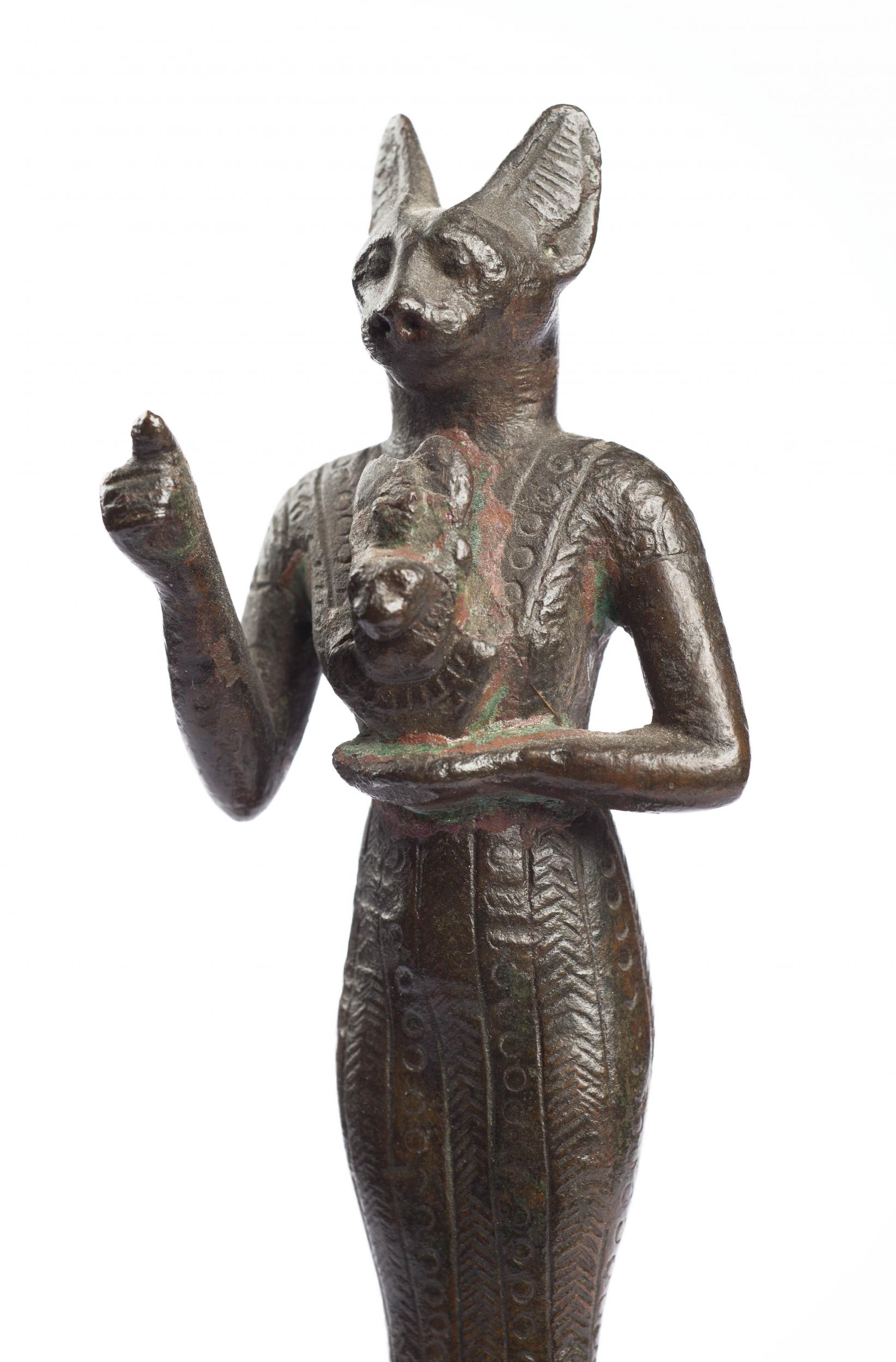 A bronze standing statuette of goddess Bastet from the Egyptian late period, 600BC-332BC, and taken from Sigmund Freud’s collection of Egyptian figures