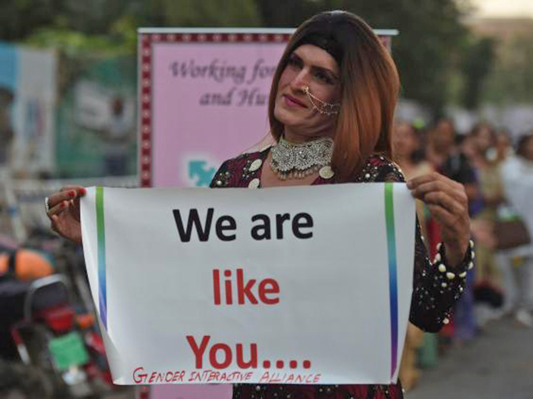 A Pakistani transgender activist takes part in a demonstration to mark World Transgender Day in Karachi 2021