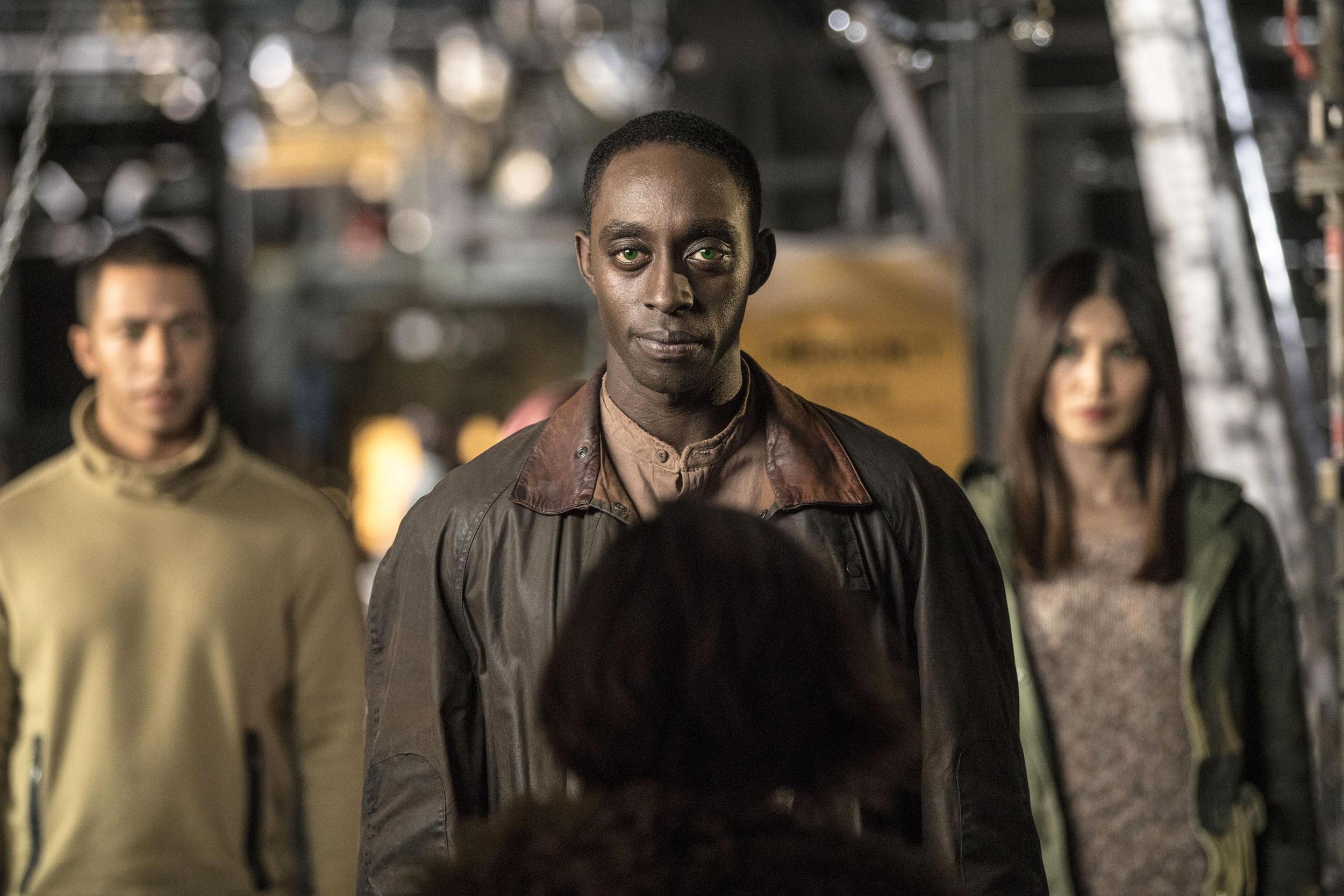 Antole (Ukweli Roach), Max (Ivanno Jeremiah) and Mia (Gemma Chan) in Humans Channel 4