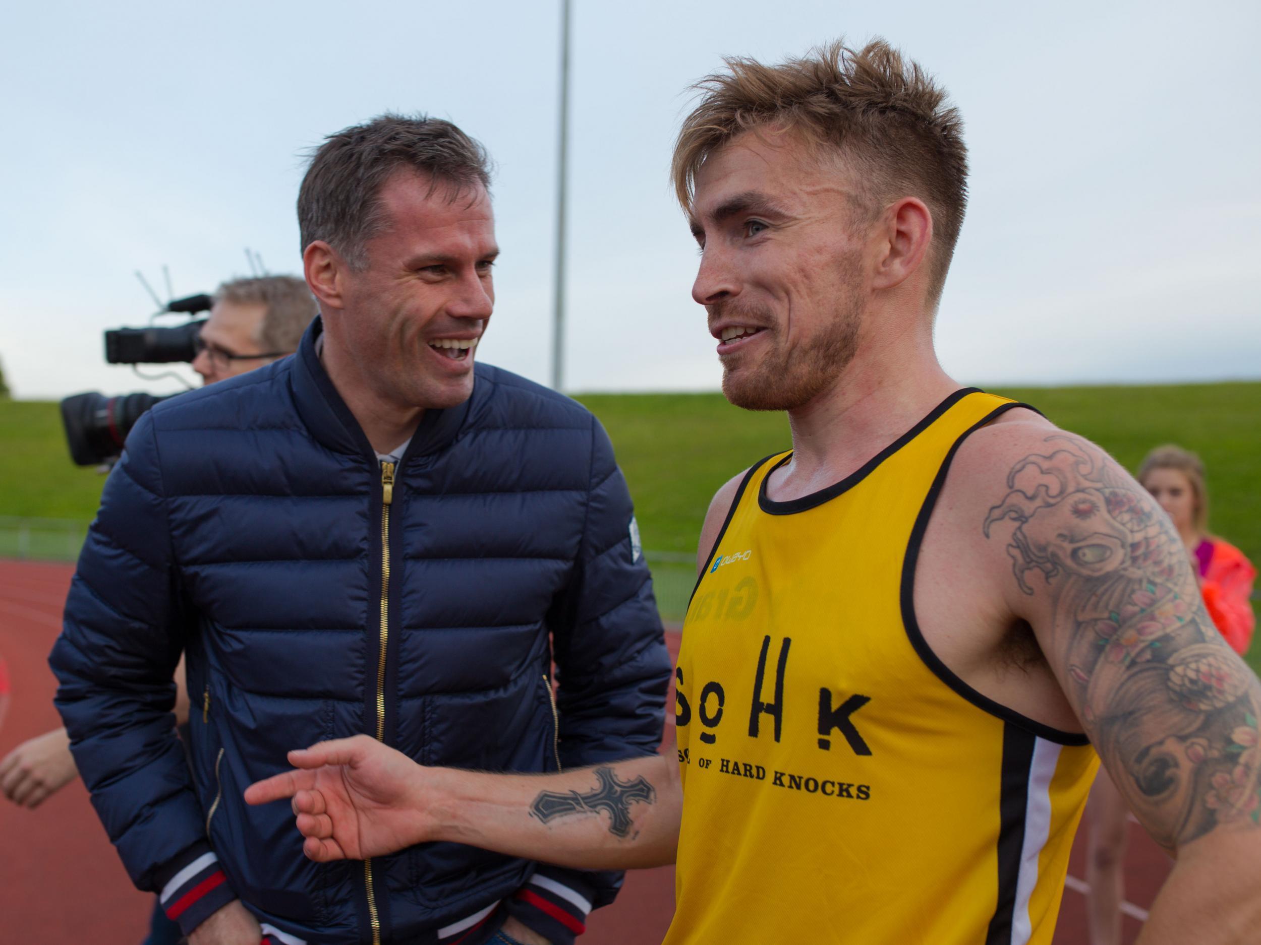 Jamie Carragher, a hero of Andy’s growing up, is now a friend and came to watch him break the record for being the fastest one-legged man over 10km