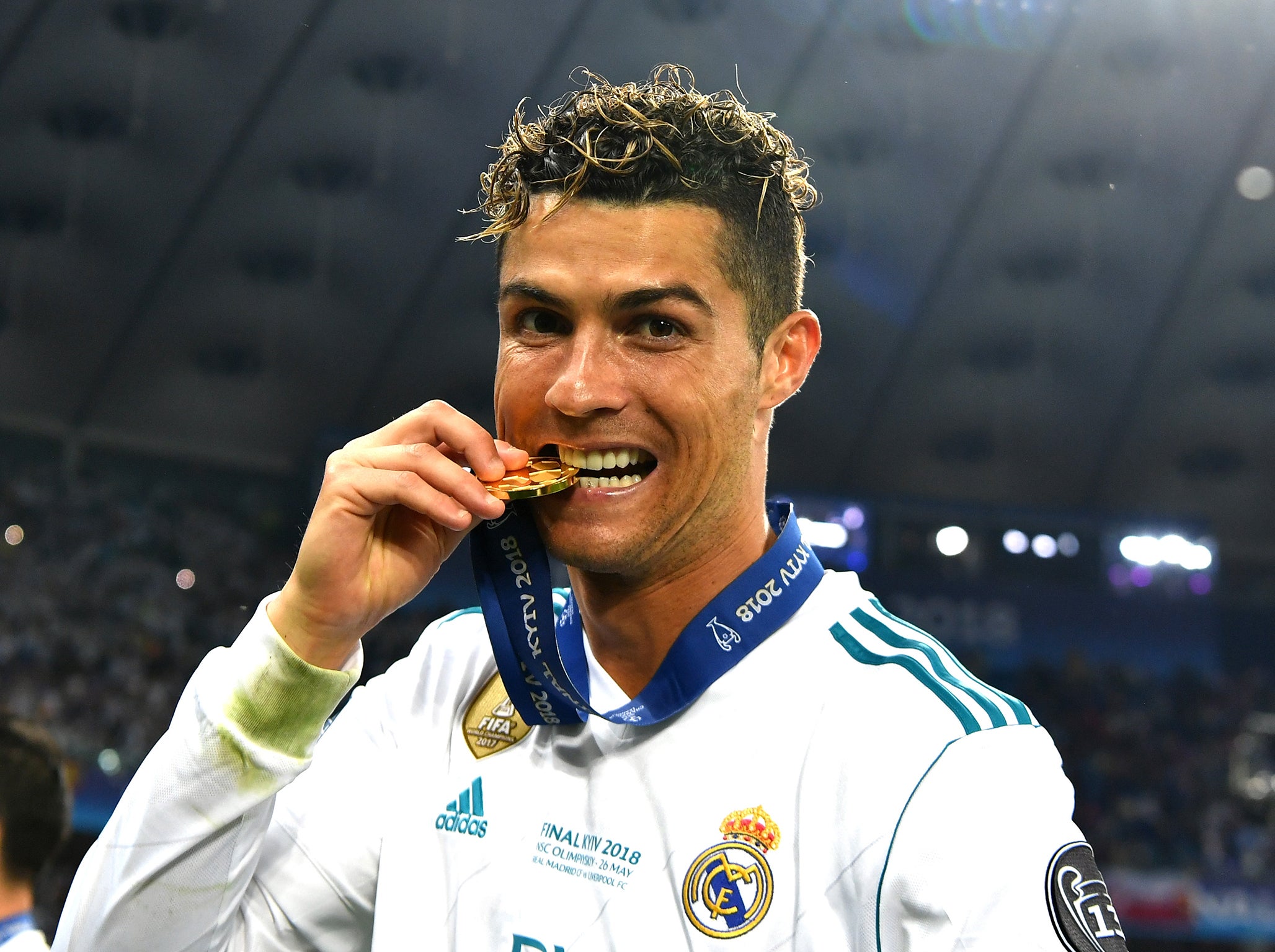 Cristiano Ronaldo with his winners’ medal